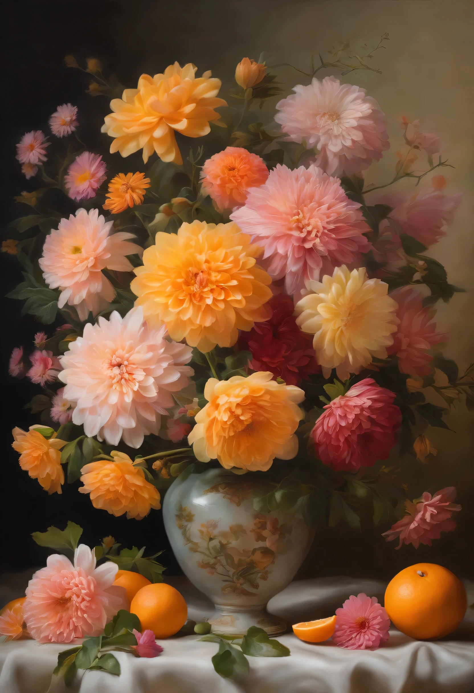 There is a vase on the table,It is decorated with flowers and oranges..., pastel, inspired by Francois Bouquet, not a splash, baroque, great composition, Dahlia flower, paper chrysanthemums, floating bouquets, Magic flowers, realistic oil painting with flowers, Soft and complex, great composition, Platonic ideal of flowers, Beautiful composition, Still life photography, pink-yellow flowers