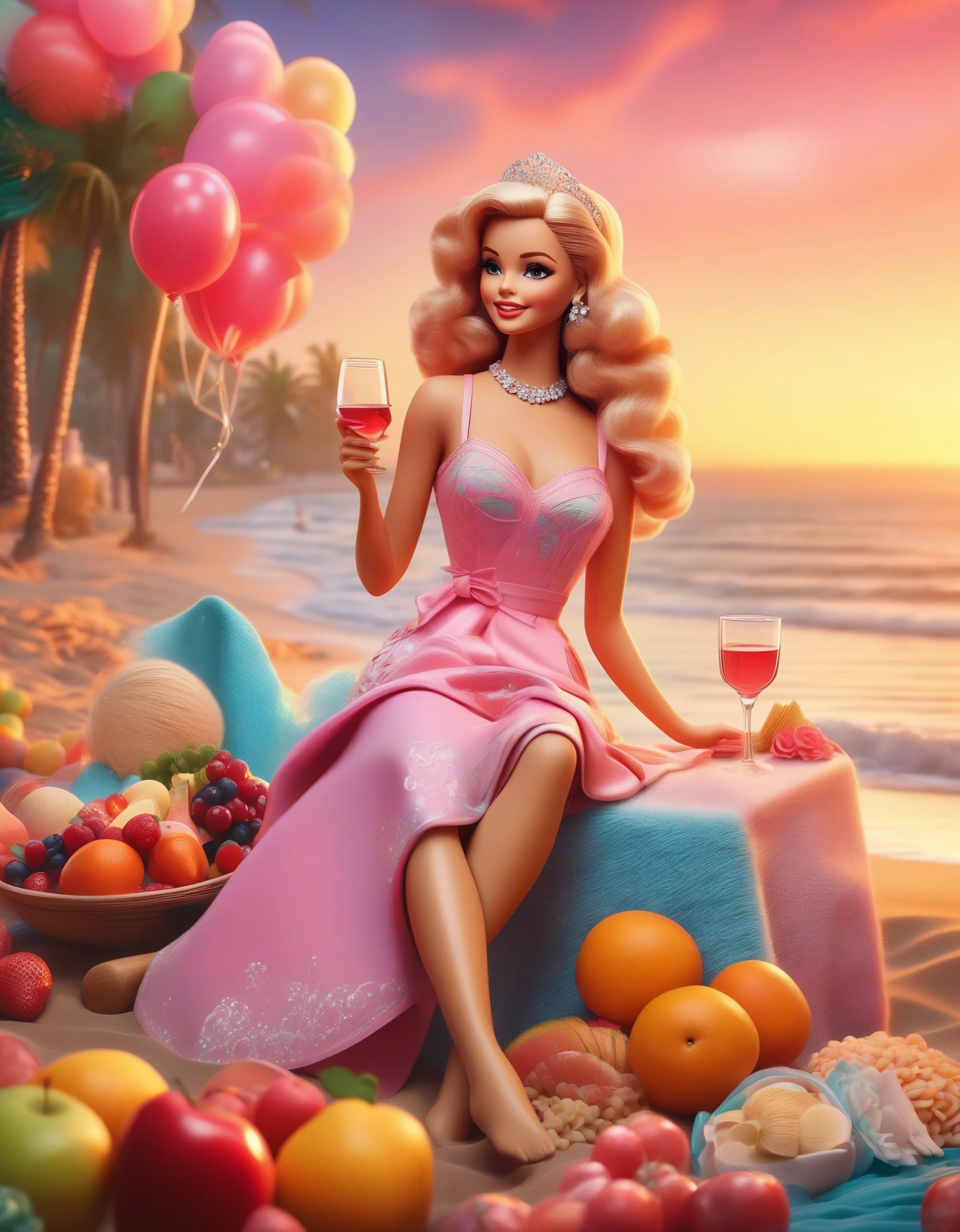 Vintage photography style, art deco style,best quality,8k,high resolution,super detailed,super clear,,creative style artwork,classical,3D rendering of Retro fashion, beautiful Barbie dolls are having a beach , Barbie dolls dressed in all kinds of beautiful clothes,Lots and lots of Barbie dolls of various colors, happy atmosphere, cake, candle, balloon, champagne, night, wine glass, fireworks, fruit, Pixar, pink main color, night,,a beautiful painting by Alphonse Mucha,pixar style,cartoon style,Masterpiece,Pastel Art,Magic Realism,Dreamlike,Wonderland, Ethereal, Retro,Anime,Cartoon,Kawaii,depth of field (dof),long shot,dramatic lighting,