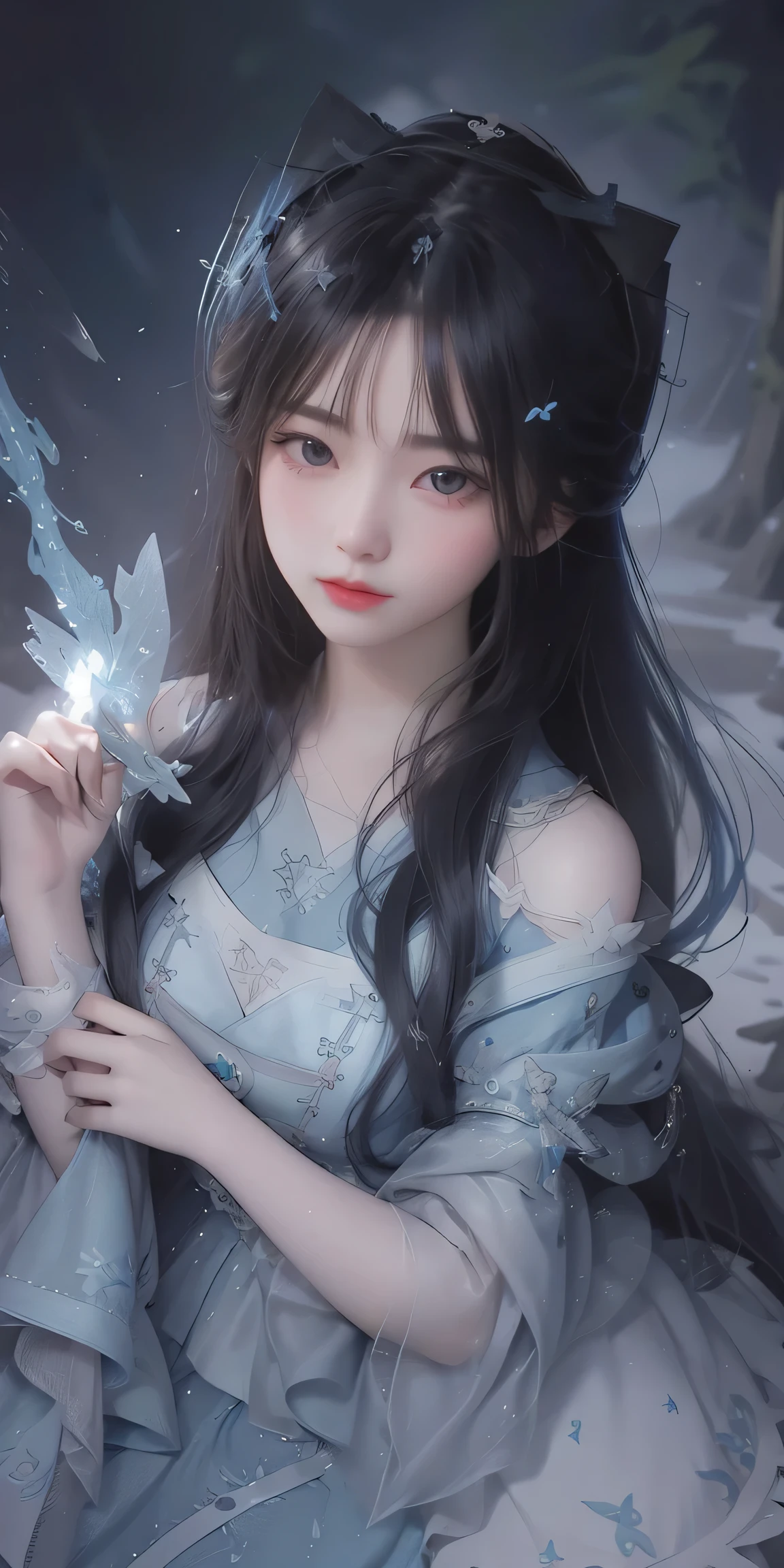 masterpiece，Close-up of a woman with beautiful blue dress, modern style, Exquisite epic character art，greenery background, the delicate brushstrokes and depth of field in the picture make you immersed in the scene，sharp look, whimsical art style