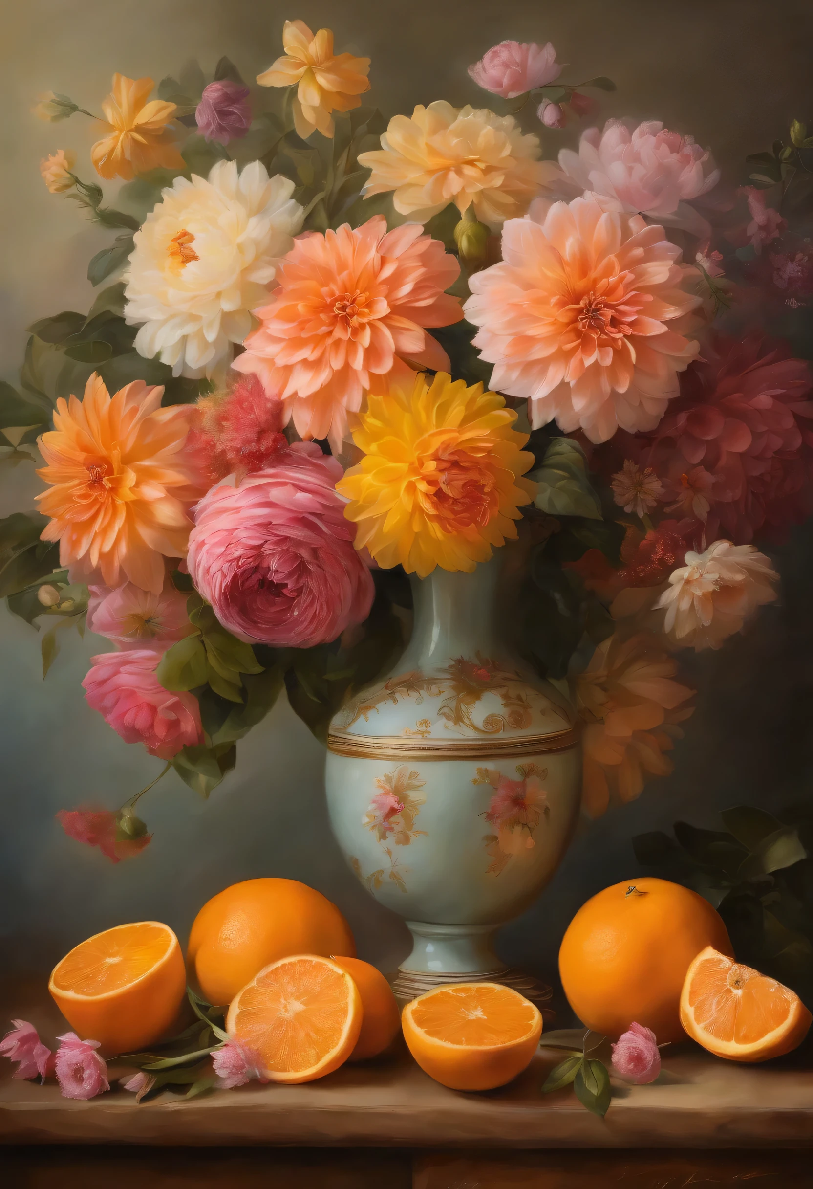 There is a vase on the table,It is decorated with flowers and oranges..., pastel, inspired by Francois Bouquet, not a splash, baroque, great composition, Dahlia flower, paper chrysanthemums, floating bouquets, Magic flowers, realistic oil painting with flowers, Soft and complex, great composition, Platonic ideal of flowers, Beautiful composition, Still life photography, pink-yellow flowers