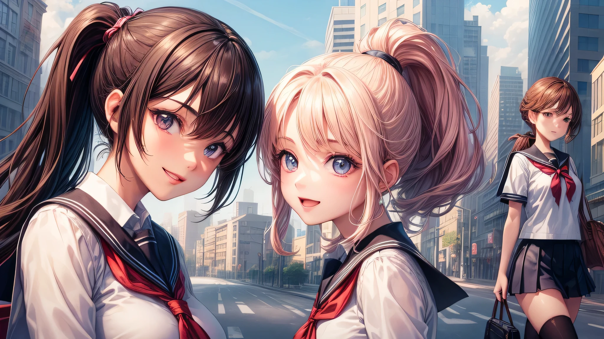 (2 girls:1.2), cute face, shining smile, (ponytail:1.2), (school uniform, mini skirt:1.2), (highest quality: 1.4), (Super detailed), (highest quality:1.4), (super detailed), (anime illustration), very high resolution, (Upper body), close up face, city, road, building