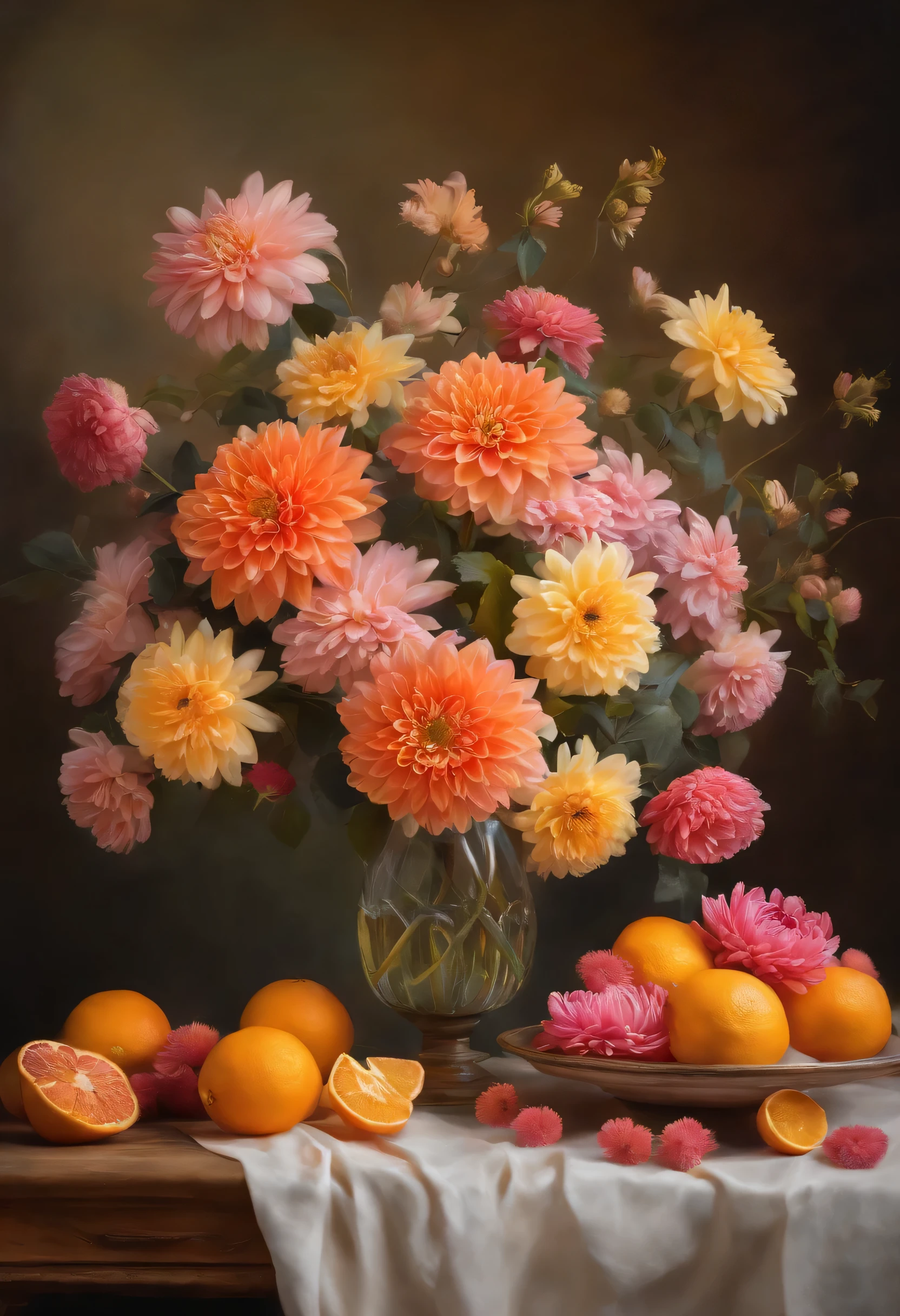 There is a vase on the table,It is decorated with flowers and oranges..., pastel, inspired by Francois Bouquet, not a splash, baroque, great composition, Dahlia flower, paper chrysanthemums, floating bouquets, Magic flowers, realistic oil painting with flowers, Soft and complex, great composition, Platonic ideal of flowers, Beautiful composition, Still life photography, pink-yellow flowers