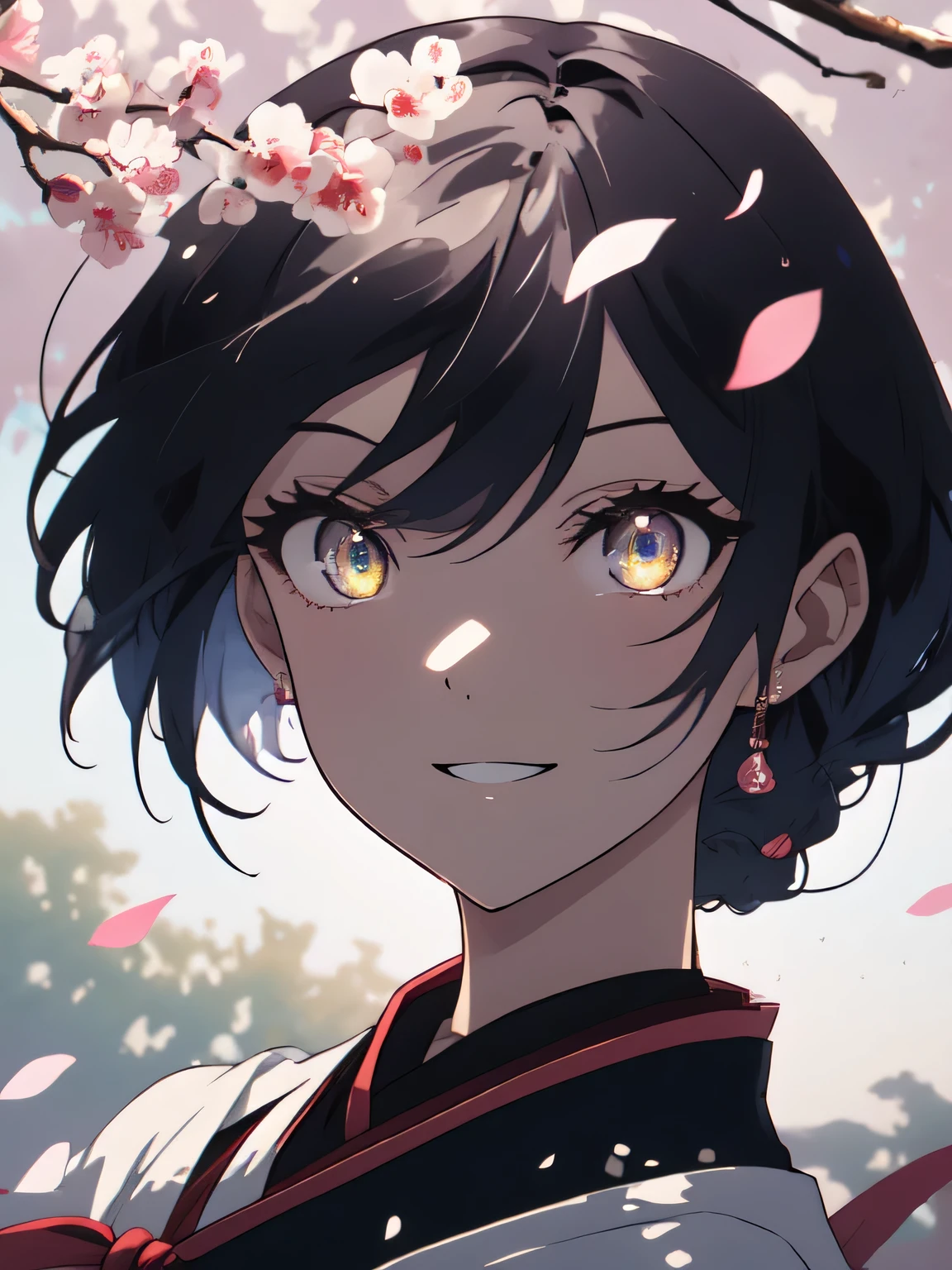 (最high quality、masterpiece、beautiful anime、high quality、be familiar with)、1 girl、(Shining amber eyes and hair)、(Glossy hair and skin),Onmyoji、smile、cherry blossoms、beauty、anime art