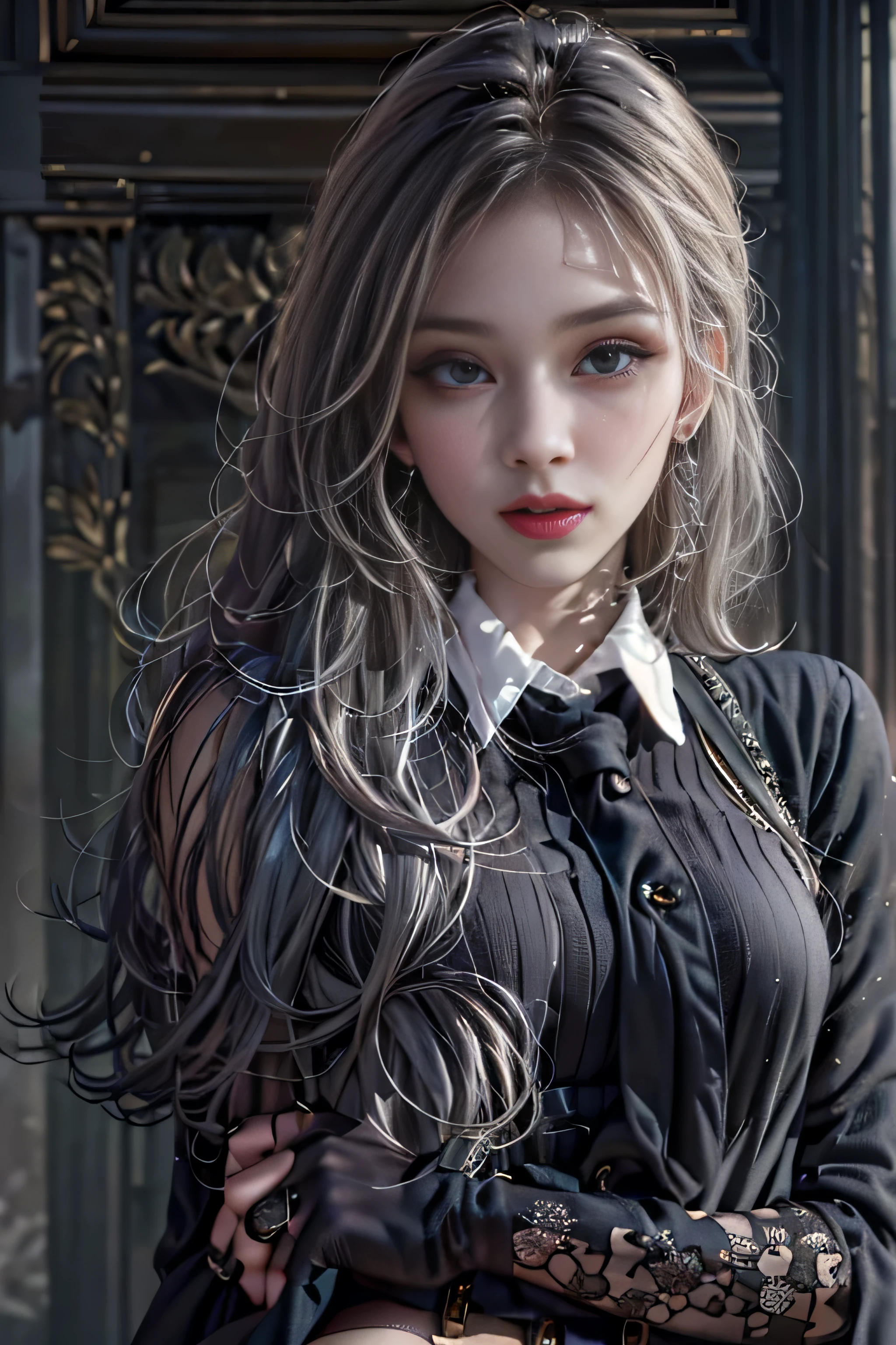 girl portrait photography, realistic, High resolution, 1 female, alone, Upper body, beautiful eyes, Close your lips, detailed face, gray hair, long hair, collared shirt, black tie,black skirt, pencil skirt, fur coat, stockings,(Black lace panties are visible)