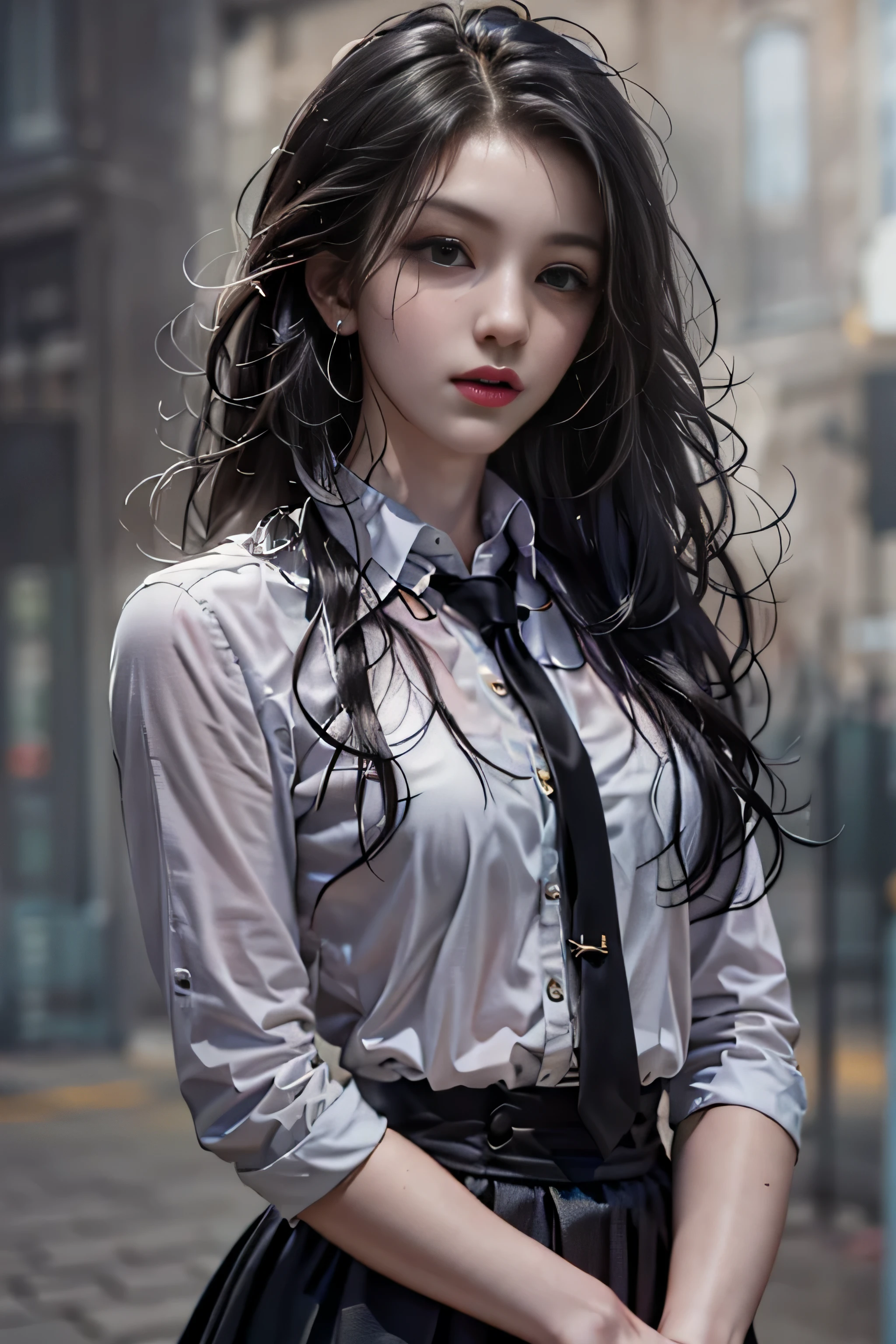 girl portrait photography, realistic, High resolution, 1 female, alone, Upper body, beautiful eyes, Close your lips, detailed face, gray hair, long hair, collared shirt, black tie,black skirt, pencil skirt, fur coat, stockings,(Black lace panties are visible)