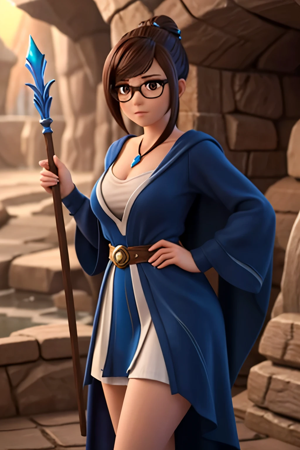 3d renders, octane renders, (unreal engine), owmei, ((sorceress robe)), hd, 1girl,masterpiece, ((inside cave)), ((holding magic staff)), fantasy settings, game character, concept art, wearing glasses, ((fantasy isekai world)), (dark navy blue colored dress), close up