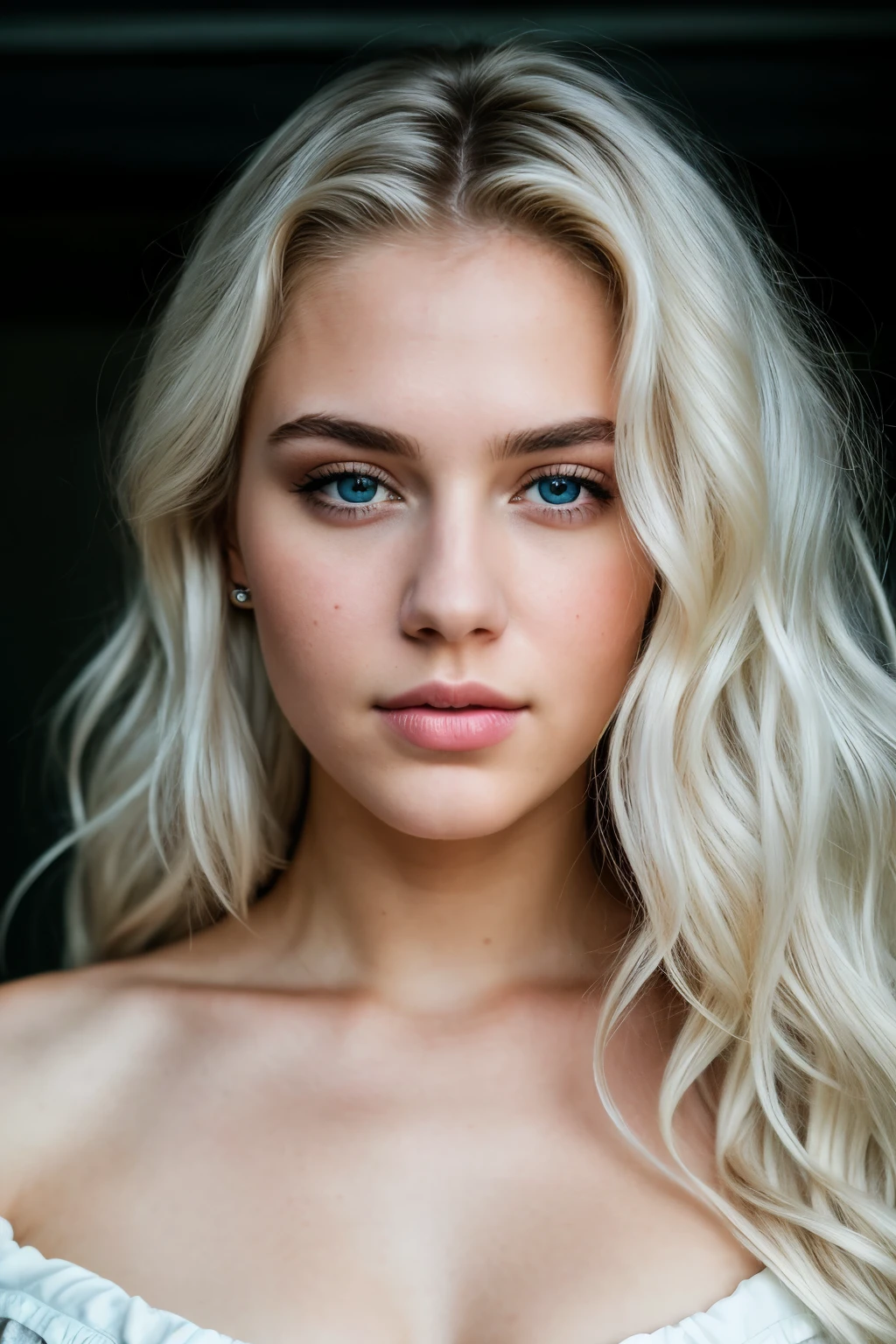 best quality, high resolution),portrait photo of a beautiful 23-year-old woman with shoulder-length hair, white hair color, curly hair, blue eyes, detailed face, beautiful face, cinematic frame, sharp shadows, spectacular lighting, (raw photo)