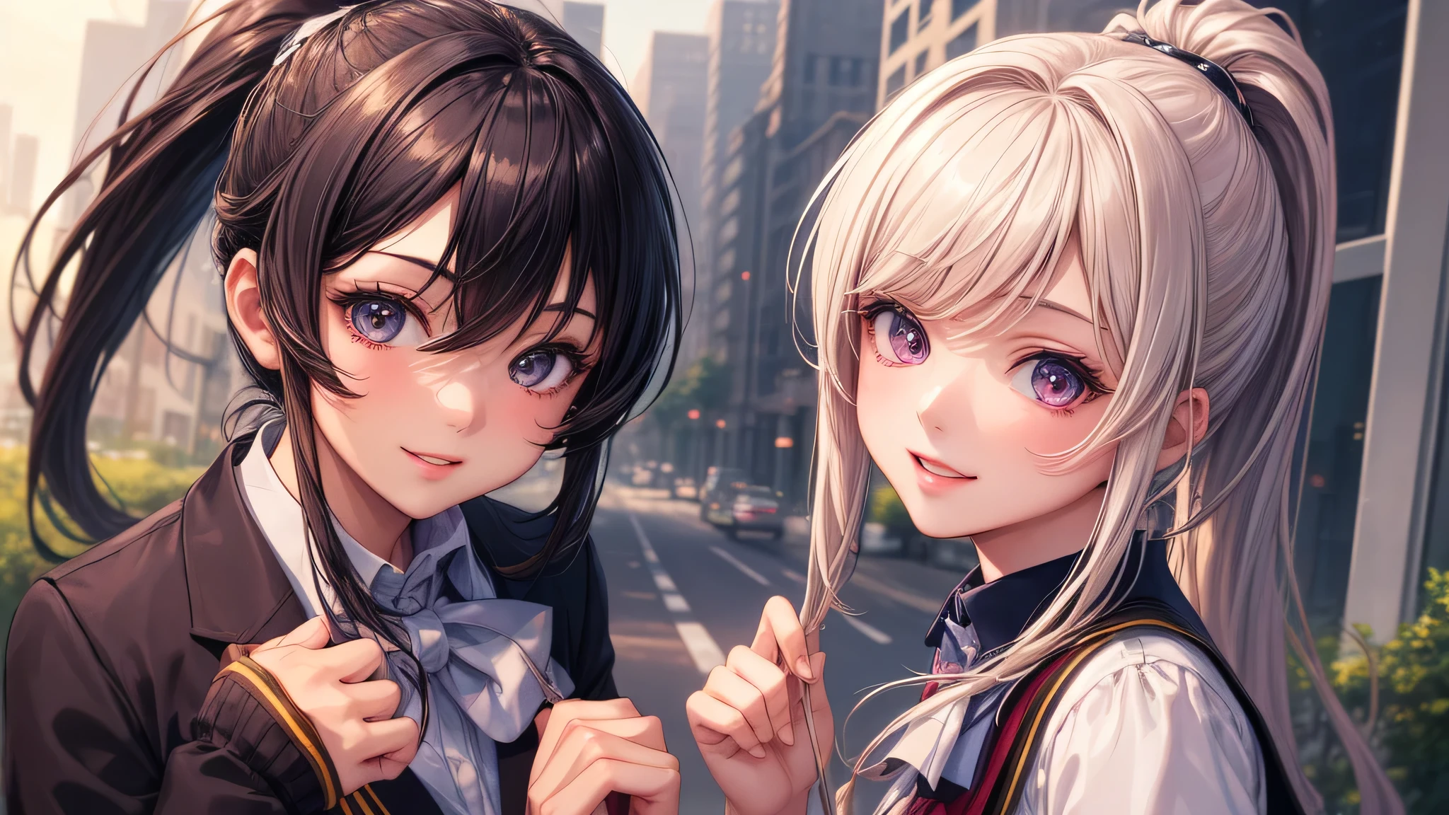 (2 girls:1.2), cute face, shining smile, (ponytail:1.2), (school uniform, mini skirt:1.2), (highest quality: 1.4), (Super detailed), (highest quality:1.4), (super detailed), (anime illustration), very high resolution, (Upper body), close up face, city, road, building