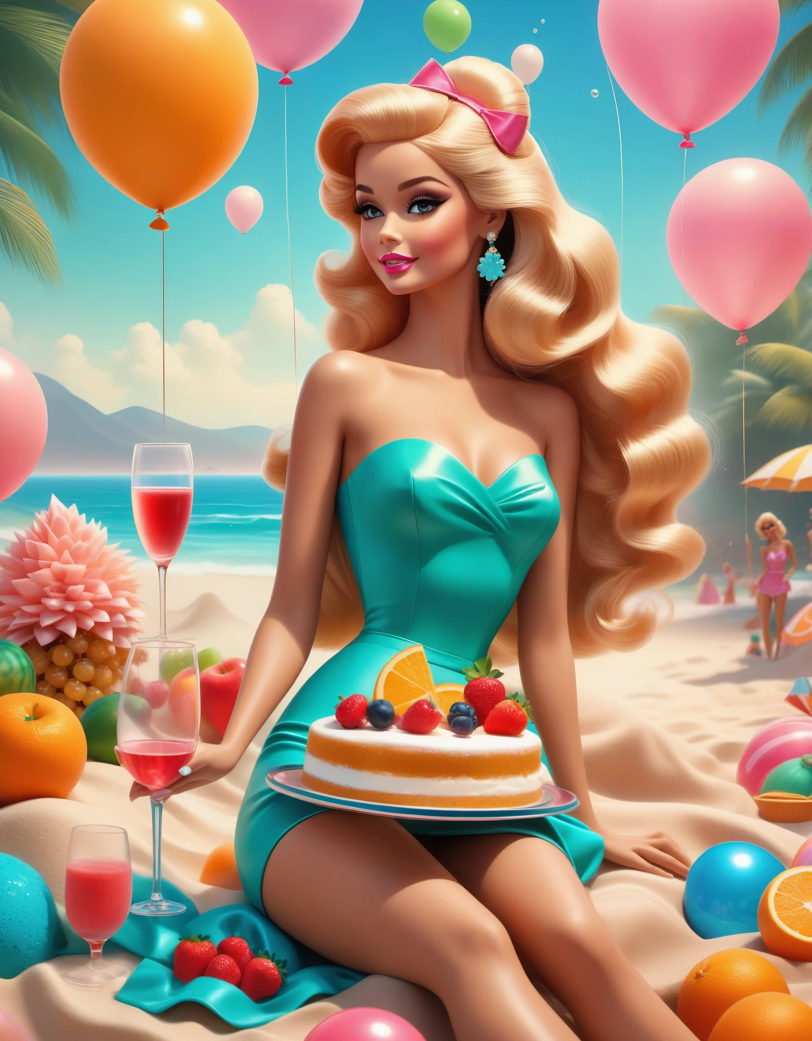 Vintage photography style, art deco style，best quality,8k,high resolution,super detailed，super clear，,creative style artwork,classical，3D rendering of Retro fashion, beautiful Barbie dolls are having a beach , Barbie dolls dressed in all kinds of beautiful clothes,Lots and lots of Barbie dolls of various colors， Pink Barbie，blue barbie，green barbie，Orange Barbie，happy atmosphere, cake, candle, balloon, champagne, night, wine glass, fireworks, fruit, Pixar, pink main color, night,,a beautiful painting by Alphonse Mucha,pixar style,cartoon style,Masterpiece,Pastel Art,Magic Realism,Dreamlike,Wonderland, Ethereal, Retro,Anime,Cartoon,Kawaii,depth of field (dof),long shot,dramatic lighting,
