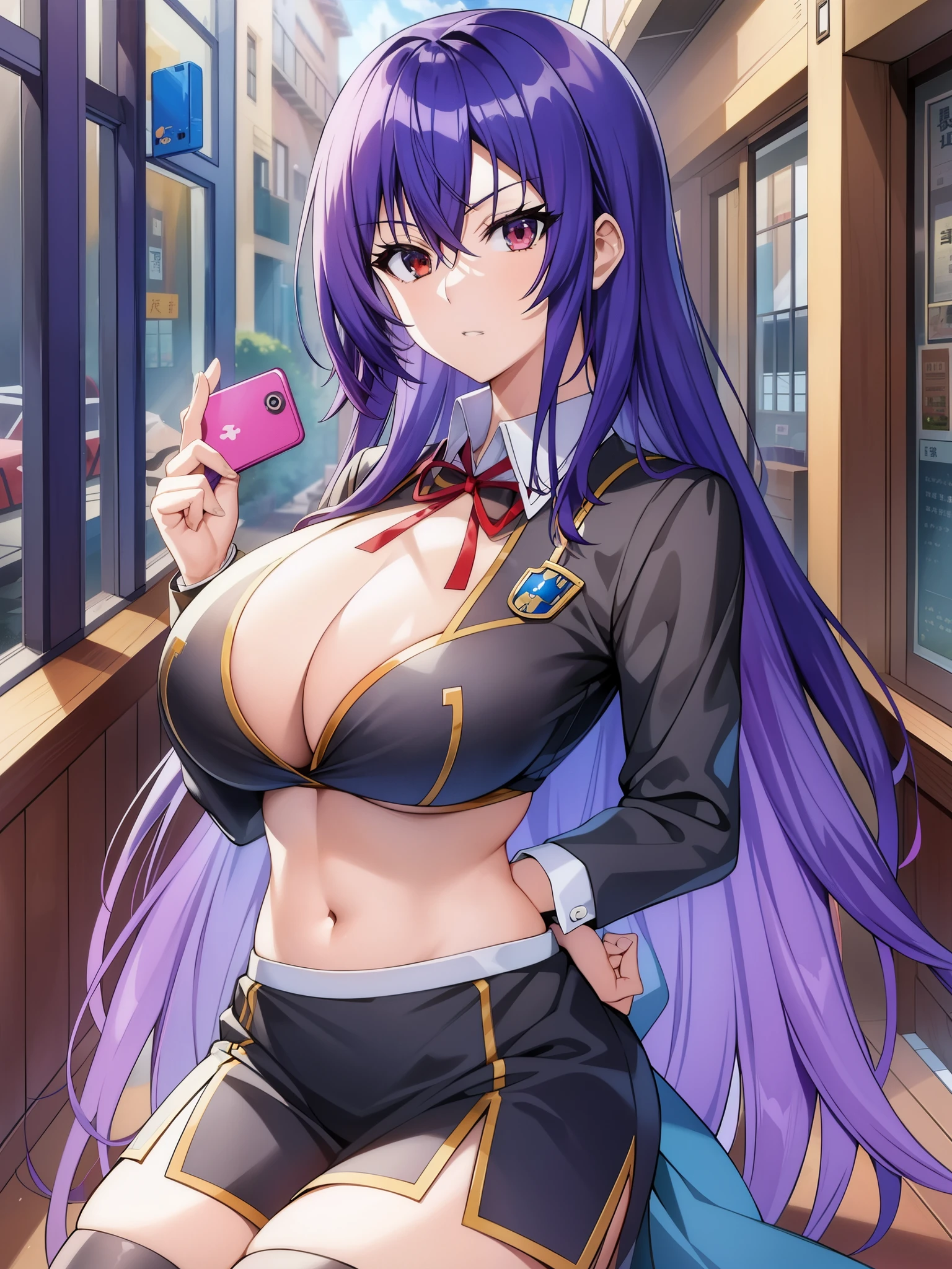 Medaka Box、Kurokami Medaka、solo、１people、red eye、blue hair、long hair、Ahoge、big tits milf、big tits milf、big tits milf、（（（casual clothes）））+++、Show your chest and belly button、Exhibitionist、This well-trained body、expose to the public eye、Hakoniwa Gakuen 98th and 99th Student Council President。demonstrate genius skills、Good looks, house, and everything about being a wealthy man who is responsible for the world economy.「perfection」student council president。Chaos God、rage、