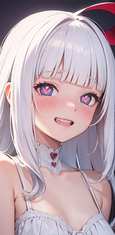 (8K、highest quality、masterpiece:1.2)、Super detailed、super resolution、Realistic、(1girl)  、(white hair)、(blunt bangs:1.5),RED eyes、(face focus:1.3,upper body),(glowing eyes:1.4),(sundress:1.3)、(grin:1.3),open mouth、cute face,blush、small breasts,hair ribbon,(simple background),(full-face blush
heart-shaped pupils:1.5)
