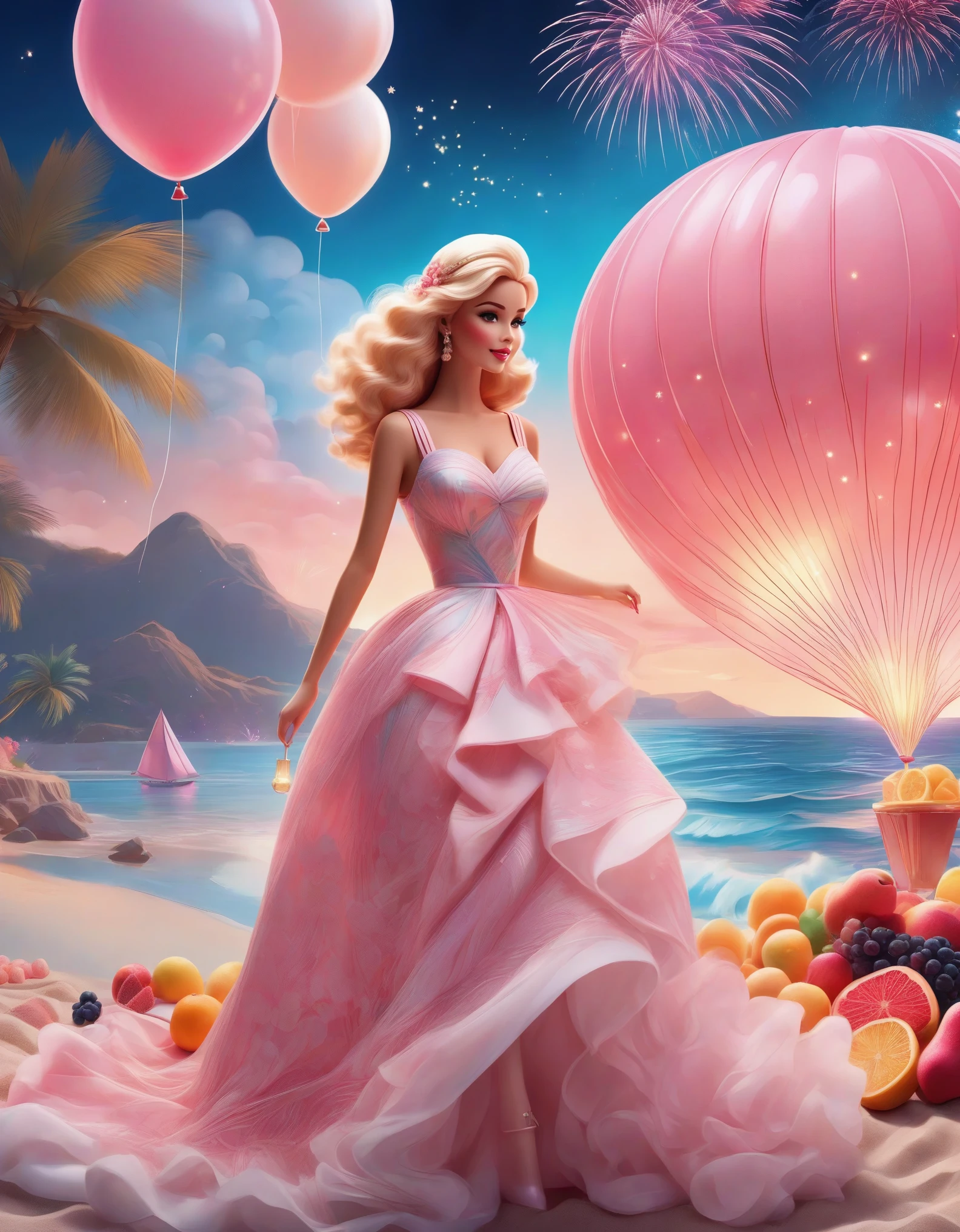 photography style, art deco style，best quality,8k,high resolution,super detailed，super clear，,creative style artwork,classical，，3D rendering of Retro fashion, beautiful Barbie dolls are having a beach , Barbie dolls dressed in all kinds of beautiful clothes,Lots and lots of Barbie dolls of various colors， happy atmosphere, cake, candle, balloon, champagne, night, wine glass, fireworks, fruit, Pixar, pink main color, night,,（Pink main color）a beautiful painting by Alphonse Mucha,pixar style,cartoon style,Pastel Art,Magic Realism,Dreamlike,Wonderland, Ethereal, Retro,Anime,Cartoon,Kawaii,depth of field (dof),long shot,