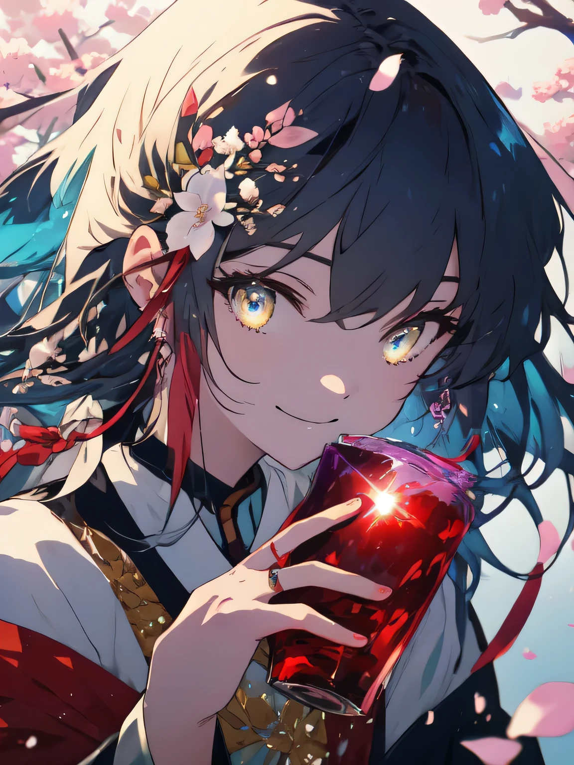 (最high quality、masterpiece、beautiful anime、high quality、be familiar with)、1 girl、(Shining amber eyes)、amber hair、(shiny hair and skin),Onmyoji、smile、cherry blossoms、beauty、anime art、and