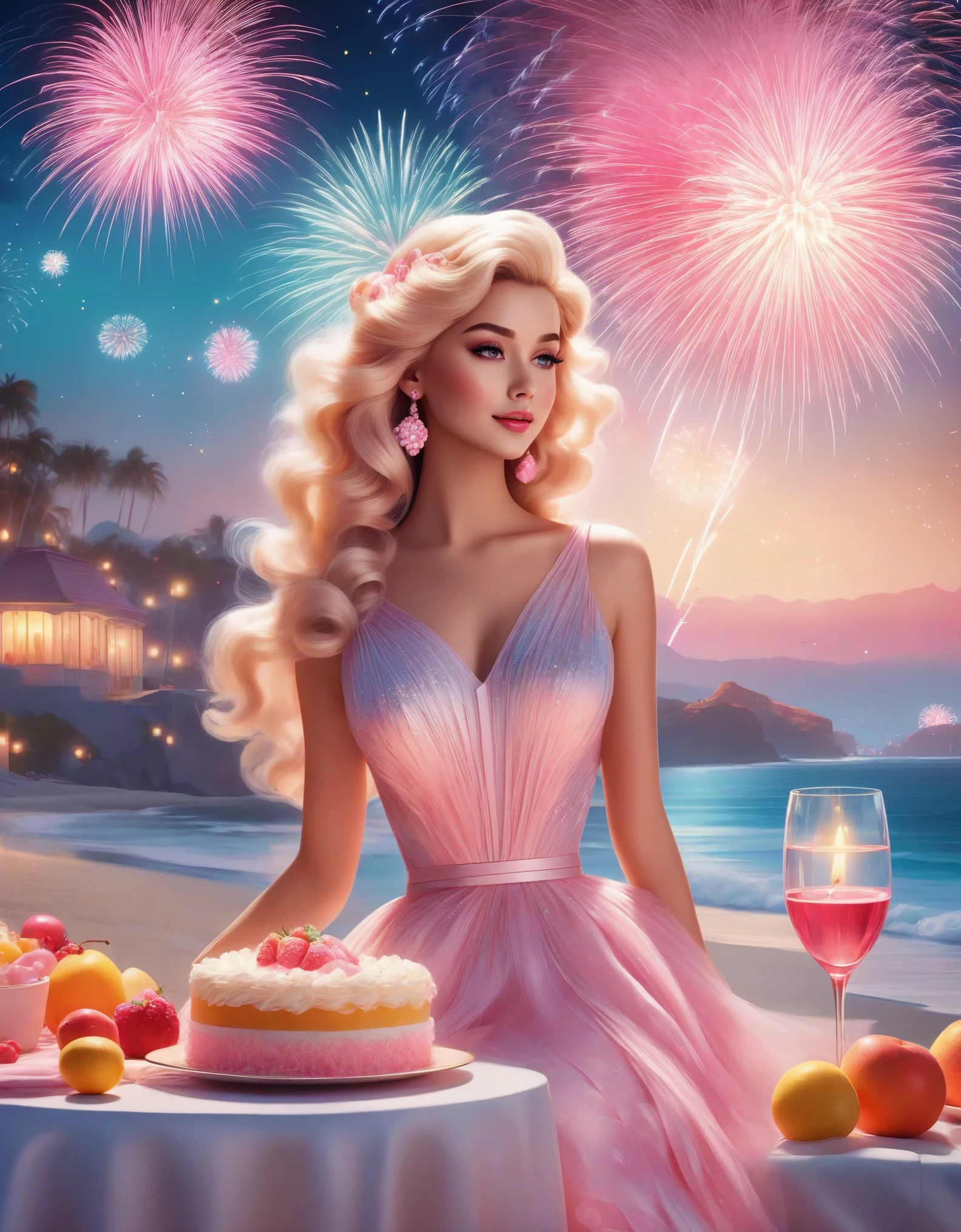 photography style, art deco style，best quality,8k,high resolution,super detailed，super clear，,creative style artwork,classical，，3D rendering of Retro fashion, beautiful Barbie dolls are having a beach , Barbie dolls dressed in all kinds of beautiful clothes,Lots and lots of Barbie dolls of various colors， happy atmosphere, cake, candle, balloon, champagne, night, wine glass, fireworks, fruit, Pixar, pink main color, night,,（Pink main color）a beautiful painting by Alphonse Mucha,pixar style,cartoon style,Pastel Art,Magic Realism,Dreamlike,Wonderland, Ethereal, Retro,Anime,Cartoon,Kawaii,depth of field (dof),long shot,