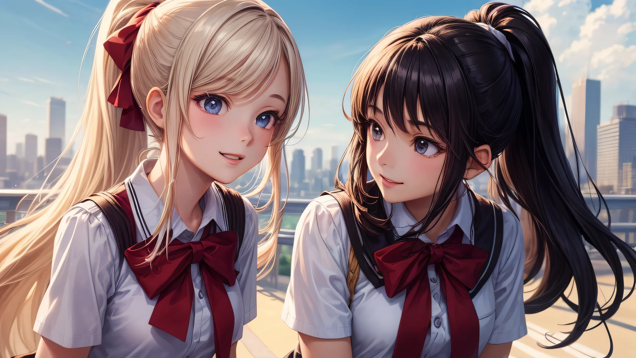 (2 girls:1.2), cute face, shining smile, (ponytail:1.2), (school uniform, mini skirt:1.2), (highest quality: 1.4), (Super detailed), (highest quality:1.4), (super detailed), (anime illustration), very high resolution, (Upper body), close up face, city, road, building