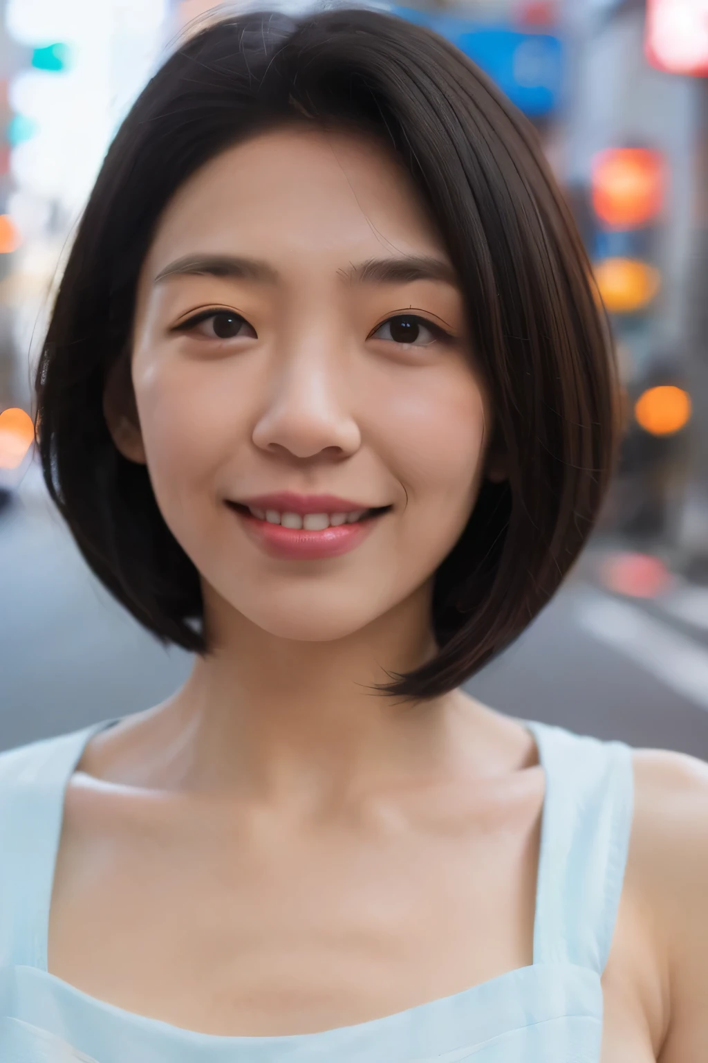 nude girl,NSFW:1.3:((highest quality、8K resolution、master masterpiece、portrait:1.3)), Photoreal, 35mm film, mature woman:1.5,on the street during the day, wrinkles around the eyes,wrinkles around the mouth,short bob,((topless_naked:1.3)) , (outdoors_city street: 1.3), jumbled background,look at the audience,(Tokyo cityscape:1.3), whole body,smile