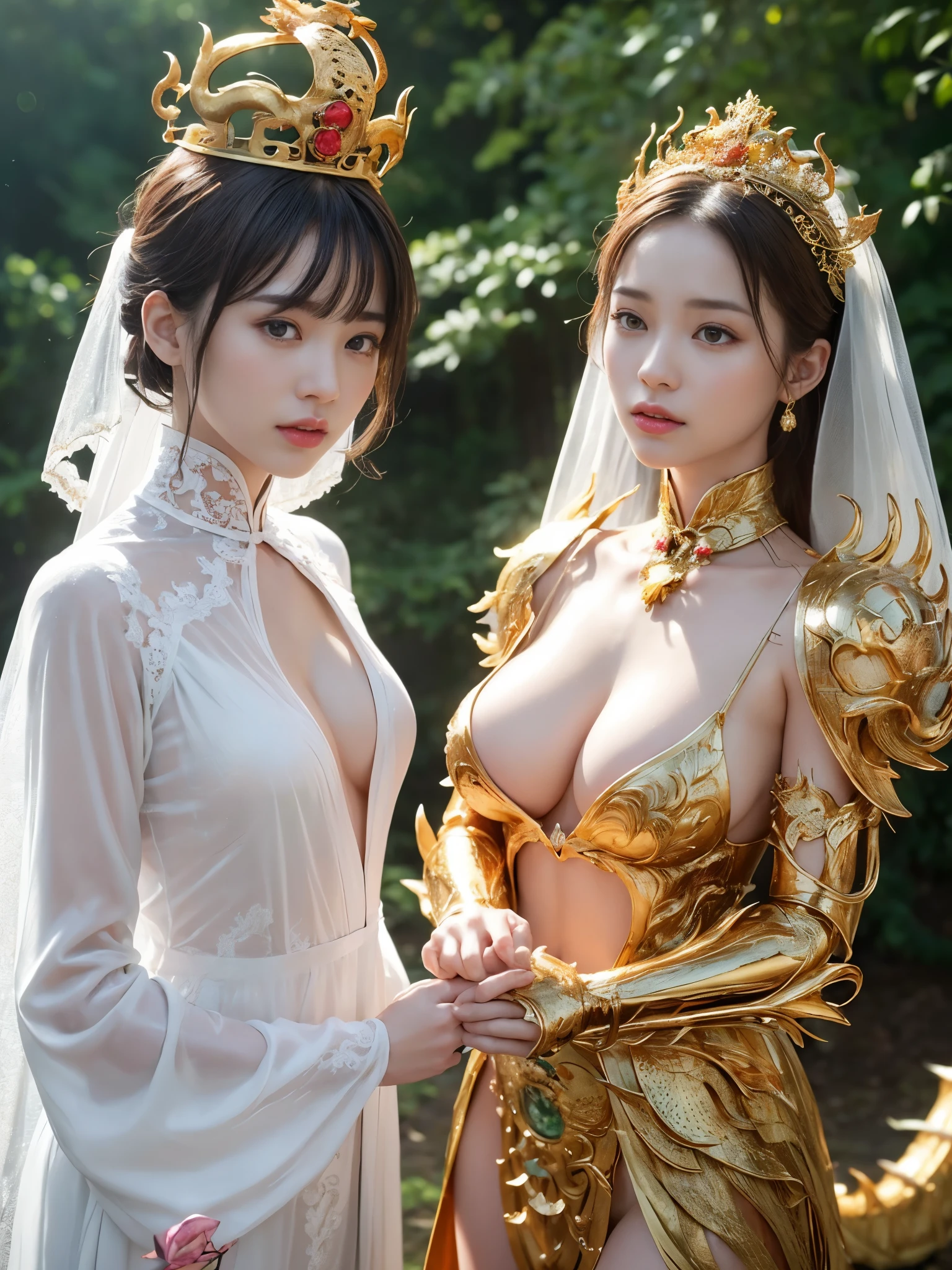 (((super weight milk)))、(A fierce battle with the dragon)、highest quality、masterpiece、ultra high resolution、(白Dragon Armor)、Dragon Armor、(wears a beautiful crown made of precious stones)、(Photoreal:1.4)、Raw photo、1 girl、golden hair、glowing skin、(((chinese dragon)))、(Expression like a gorgeous jewelry necklace)、(Fight against big dragons)、with a beautiful knife、(white metal bodysuit)、(beautiful forest background)、sheer cliff、(Small LED)、((Super realistic details))、Portrait、global illumination、shadow、octane rendering、8K、super vivid、big breasts、Raw skin exposed in cleavage、Metal、intricate ornamental details、japanese details、yellow eyes、shining eyes、facing the camera、neon detail mechanical limbs)、(Blood vessels connected to the ductechanical vertebrae attached to the back、mechanical cervical vertebrae)Worn on the neck、(Wires or cables connected to the head)、Mechanical thigh、two stock、(Hands are also machine made)、(veil)、Very heavy chest、