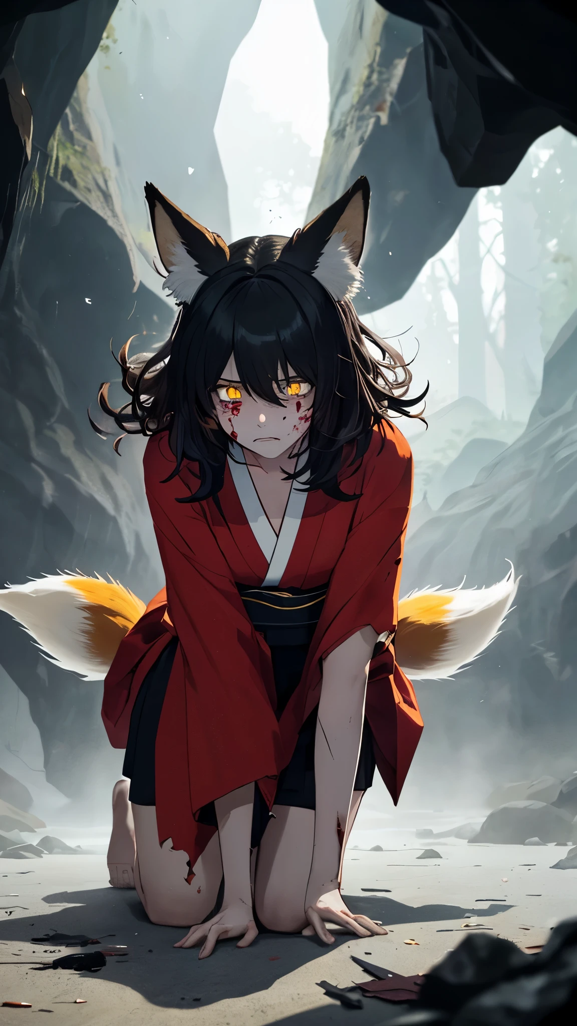 (masterpiece, best_quality, ultra-detailed, immaculate:1.3), portrait, upper body, detailed face, detailed hands, ((1girl:1.35)), epic, kitsune, ((9 tail fox)), foxgirl, japanese spirit, ((beautiful red kimono)), ((damaged, bloody, Injured, action pose)), ((Defeated pose, falling on knees:1.35)), ((dramatic, sadness face expression, crying)), curvy body, messy hair, disheveled hair, animal eyes, yellow fox glowing eyes, fog, mist, black cave, dark deep cave background ambiance