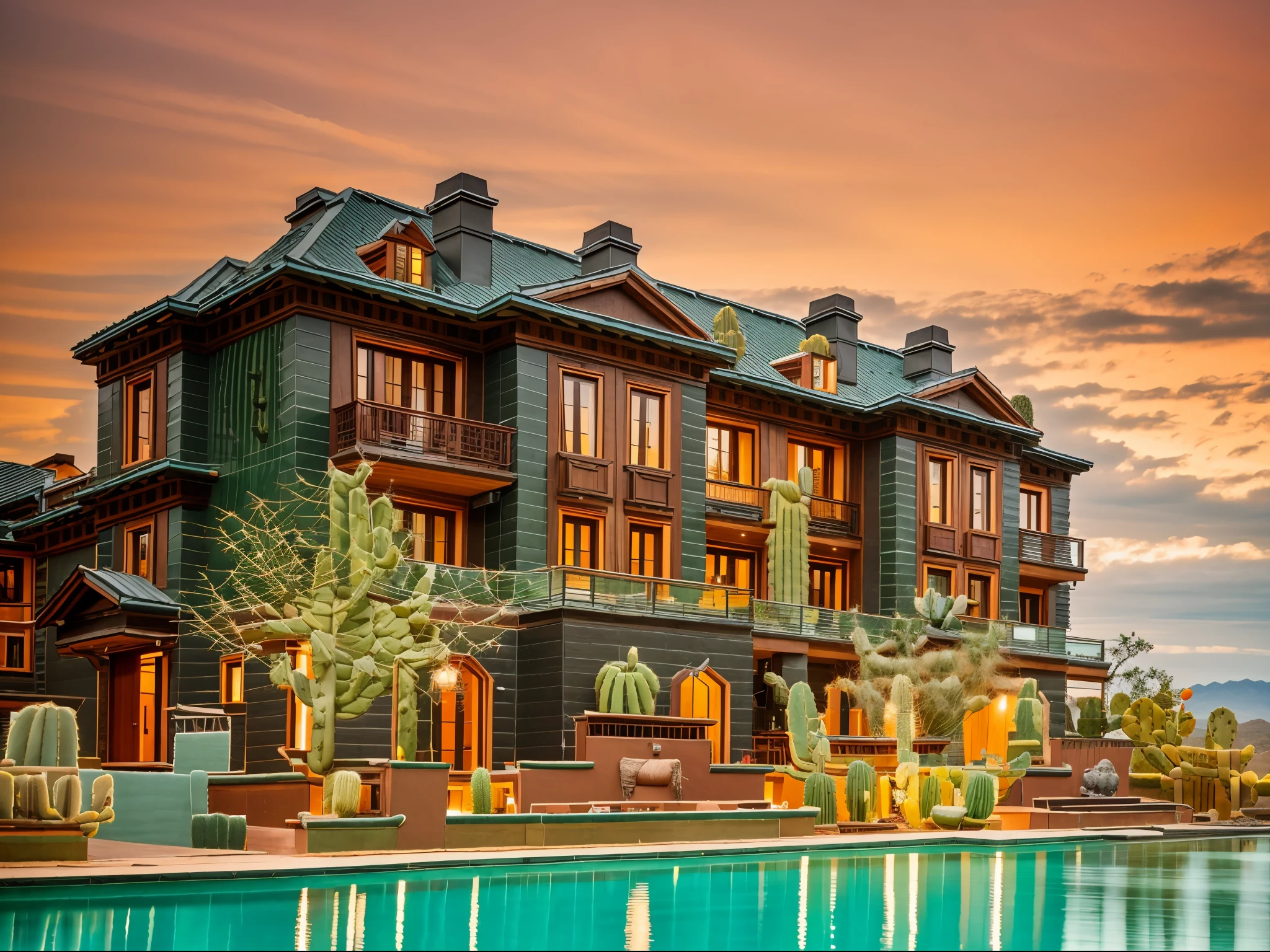 exterior of house, contemporary style, (cactus:1.5), wood wall, wood door, tropical landscape, night, wall light, lighting inside, 8k, masterpiece, high quality,