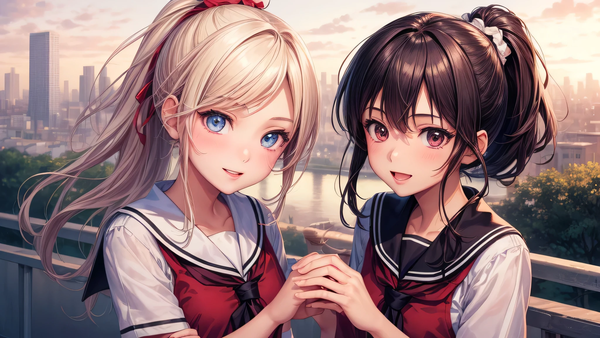 (2 girls:1.2), cute face, shining smile, (ponytail:1.2), (school uniform, mini skirt:1.2), (highest quality: 1.4), (Super detailed), (highest quality:1.4), (super detailed), (anime illustration), very high resolution, (Upper body), close up face, city, road, building