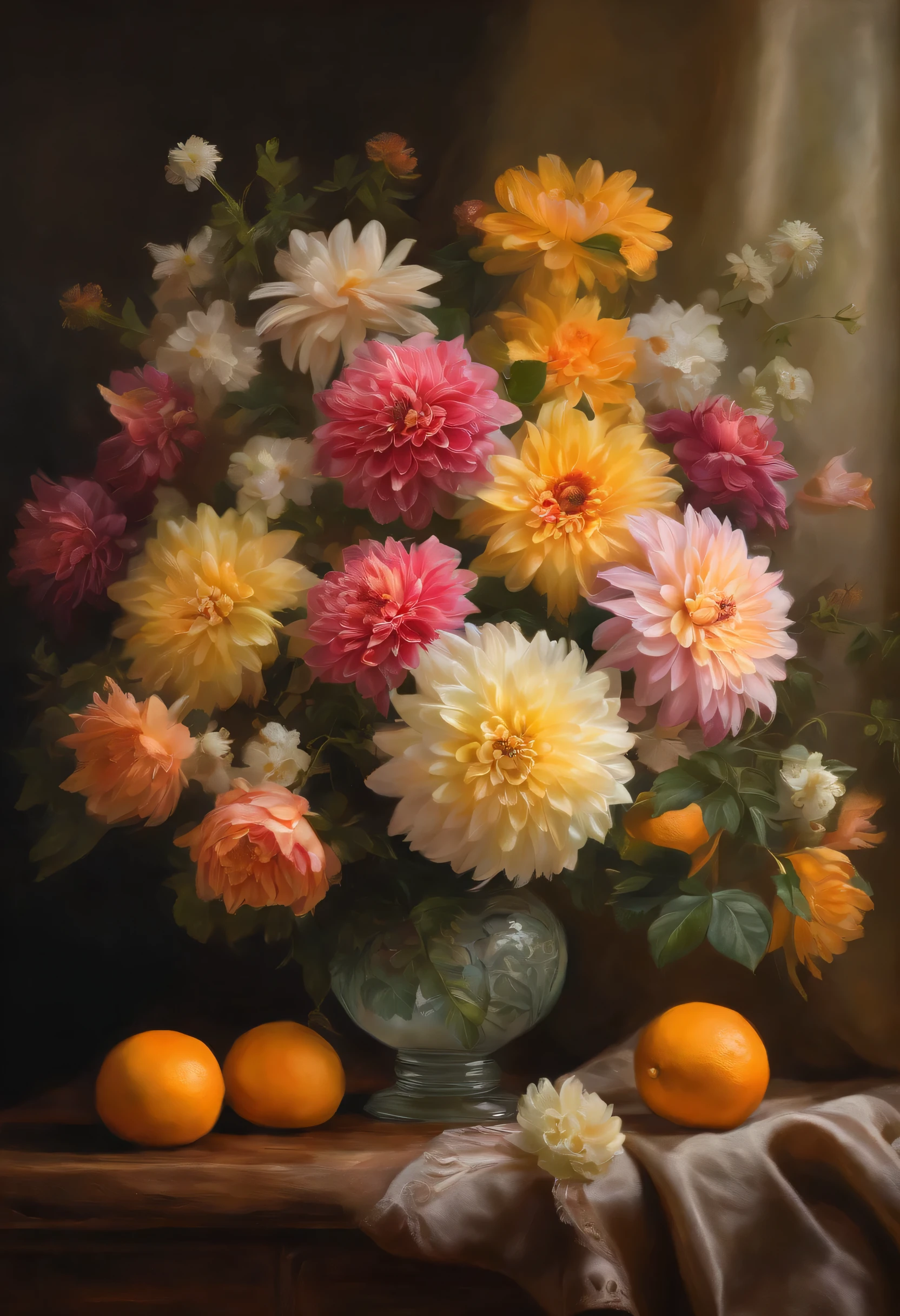 There is a vase on the table,It is decorated with flowers and oranges..., pastel, inspired by Francois Bouquet, not a splash, baroque, great composition, Dahlia flower, large white chrysanthemums, floating bouquets, Magic flowers, realistic oil painting with flowers, Soft and complex, great composition, Platonic ideal of flowers, Beautiful composition, Still life photography, pink-yellow flowers