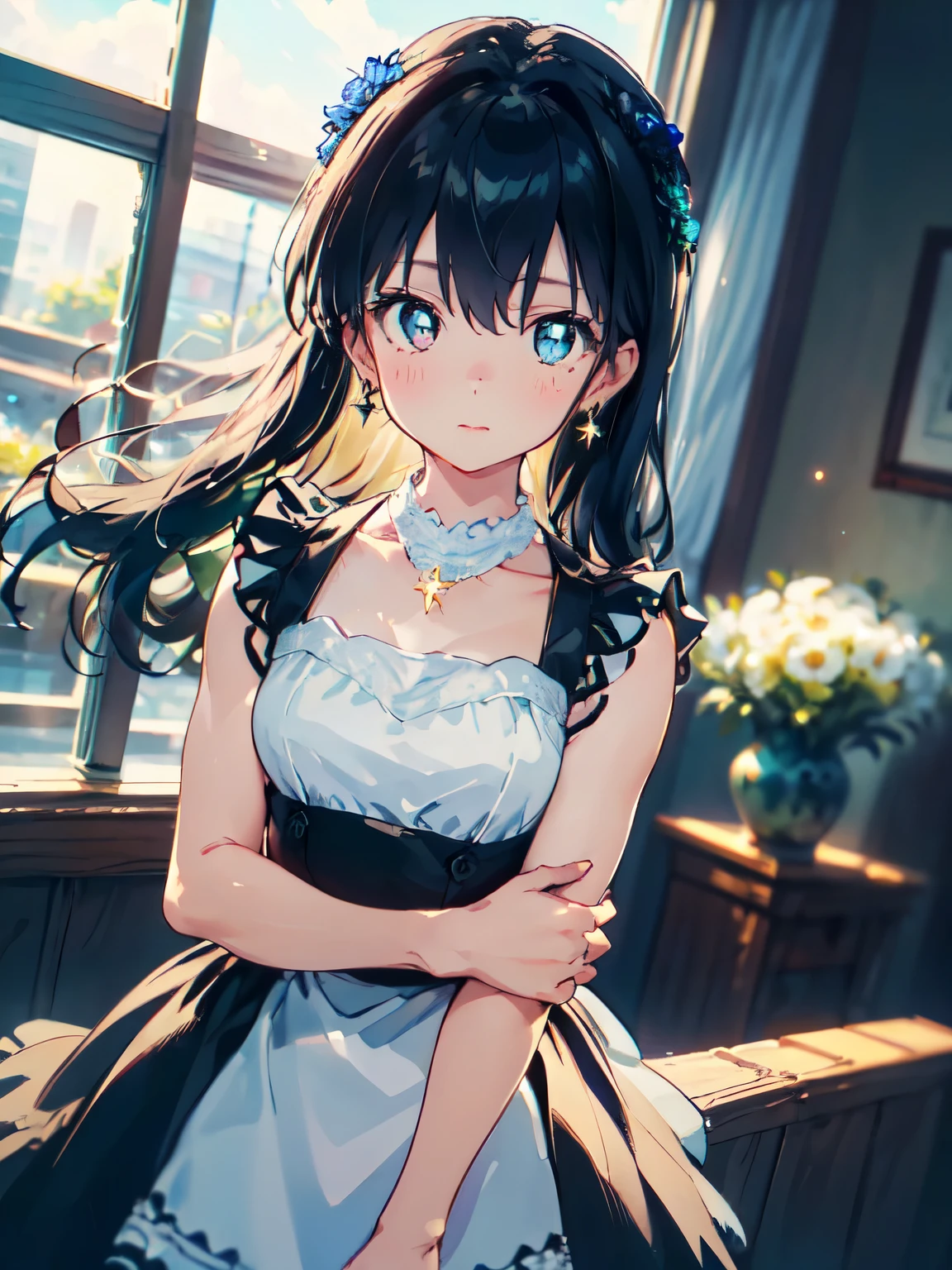 masterpiece, highest quality, enlightenment, One girl、Kyoko＿Otonashi、indoor、Sax Blue, platinum earrings, platinum necklace, Maid clothes, gothic ****ta clothes、arms behind、1 girl, cute, (dynamic lighting:1.15), cinematic lighting, delicate features, detailed eye, sharp pupils, Depth of the bounds written, Bokeh, sharp focus, (super detailed, bloom, shine:1.5), lots of little gems,otonashi ,cowboy shot