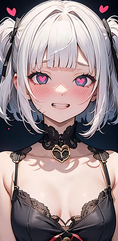 (8K、highest quality、masterpiece:1.2)、Super detailed、super resolution、Realistic、(1girl)  、(white hair)、(blunt bangs:1.5),RED eyes、(face focus:1.3,upper body,portrait),(glowing eyes:1.4),(sundress:1.3)、(grin:1.3),cute face,blush、small breasts,hair ribbon,(simple background),(full-face blush
heart-shaped pupils:1.5)
