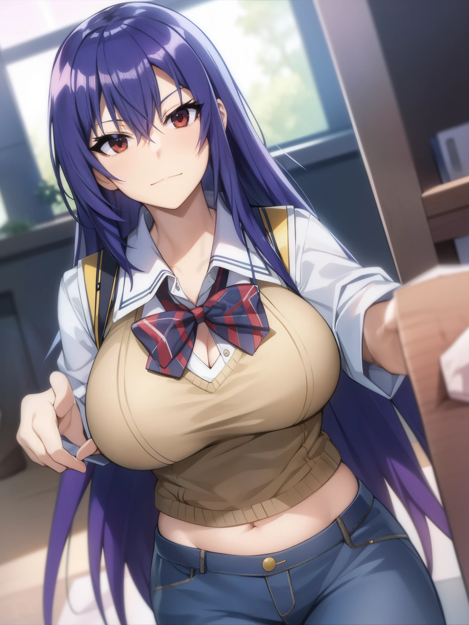 Medaka Box、Kurokami Medaka、solo、１people、Alone、red eye、blue hair、long hair、Ahoge、big tits milf、big tits milf、big tits milf、school uniform、pleated skirt、Looks like a modified sailor suit、wearing jeans、Show your chest and belly button、Exhibitionist、This well-trained body、expose to the public eye、Hakoniwa Gakuen 98th and 99th Student Council President。demonstrate genius skills、Good looks, house, and everything about being a wealthy man who is responsible for the world economy.「perfection」student council president。Chaos God、rage、