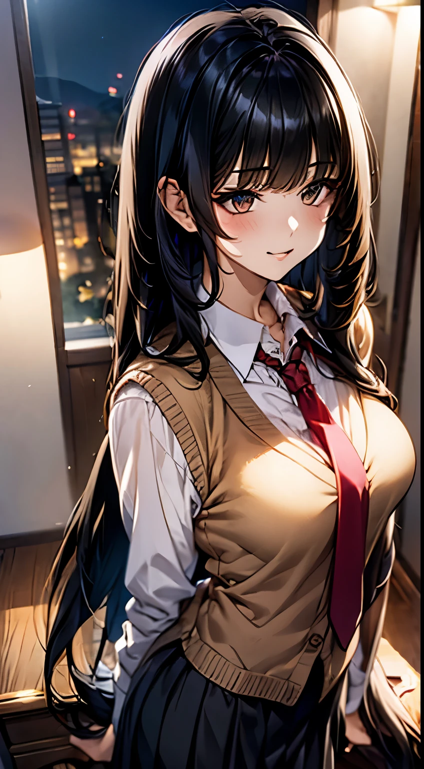 highest quality、best image quality、masterpiece、table top、elaborate design、visual art、 (table top, highest quality, High resolution, , perfect pixel, 4k,), 1 girl, single, alone, Beautiful woman、I could see the whole body, ((detailed face, blush:1.2)), dynamic angle, perfect body,
((long hair:1.9, black hair:1.6)), (flowing bangs, golden eyes, long eyes:1.4, small eyes, long eyelashes), (big breasts:1.4),
((fine fabric texture, light brown cardigan vest:1.4, Light grey pleated skirt, white collared shirt, dark red tie)),
(beautiful scenery), daytime, (school classroom), Are standing, (closed mouth),