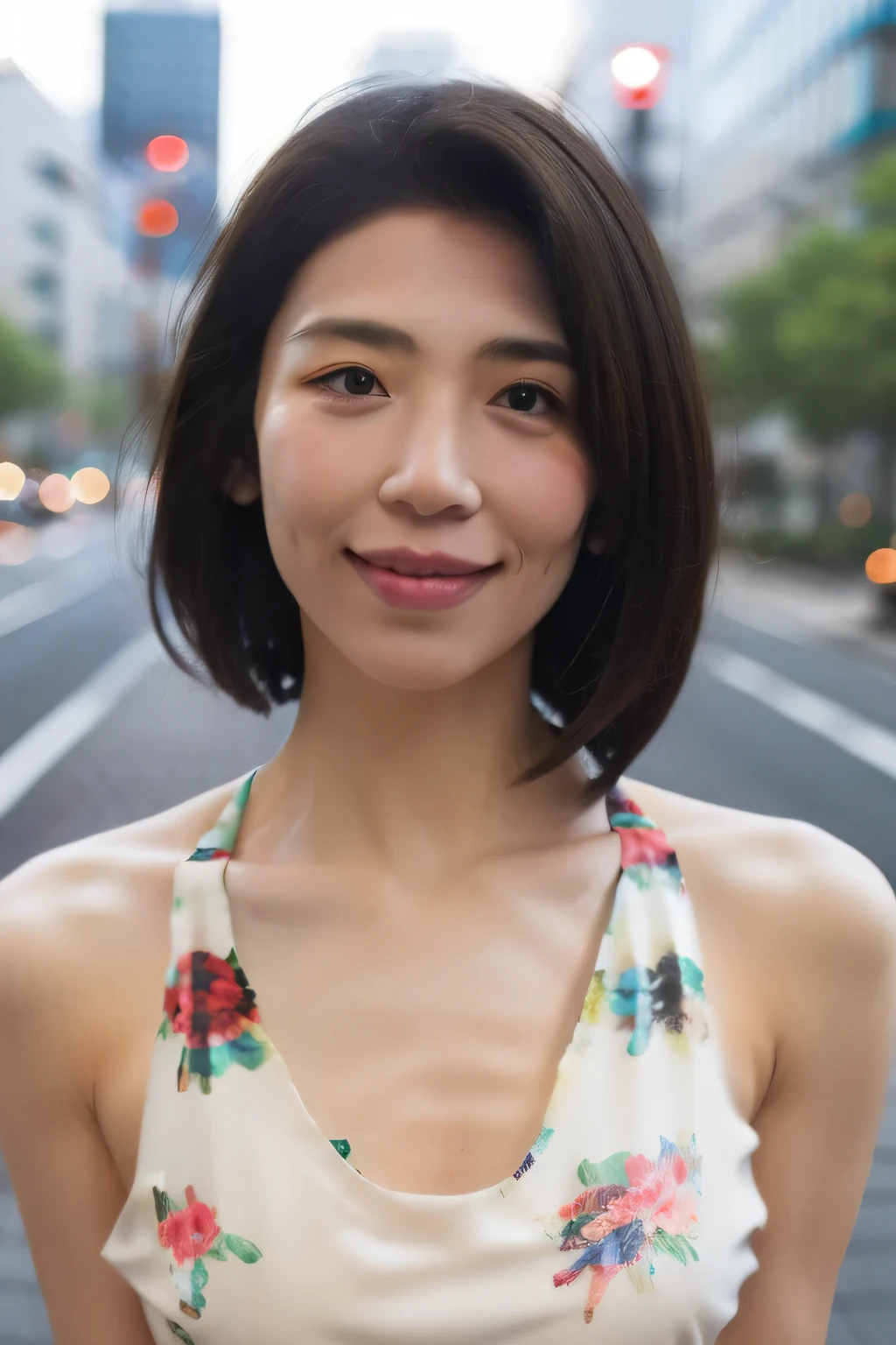 NSFW:1.3:((highest quality、8K resolution、master masterpiece、portrait:1.3)), Photoreal, 35mm film, mature woman:1.5,on the street during the day, wrinkles around the eyes,wrinkles around the mouth,short bob,((Fancy Micro Bikini:1.3)) , (outdoors_city street: 1.3), jumbled background,look at the audience,(Tokyo cityscape:1.3), whole body,smile