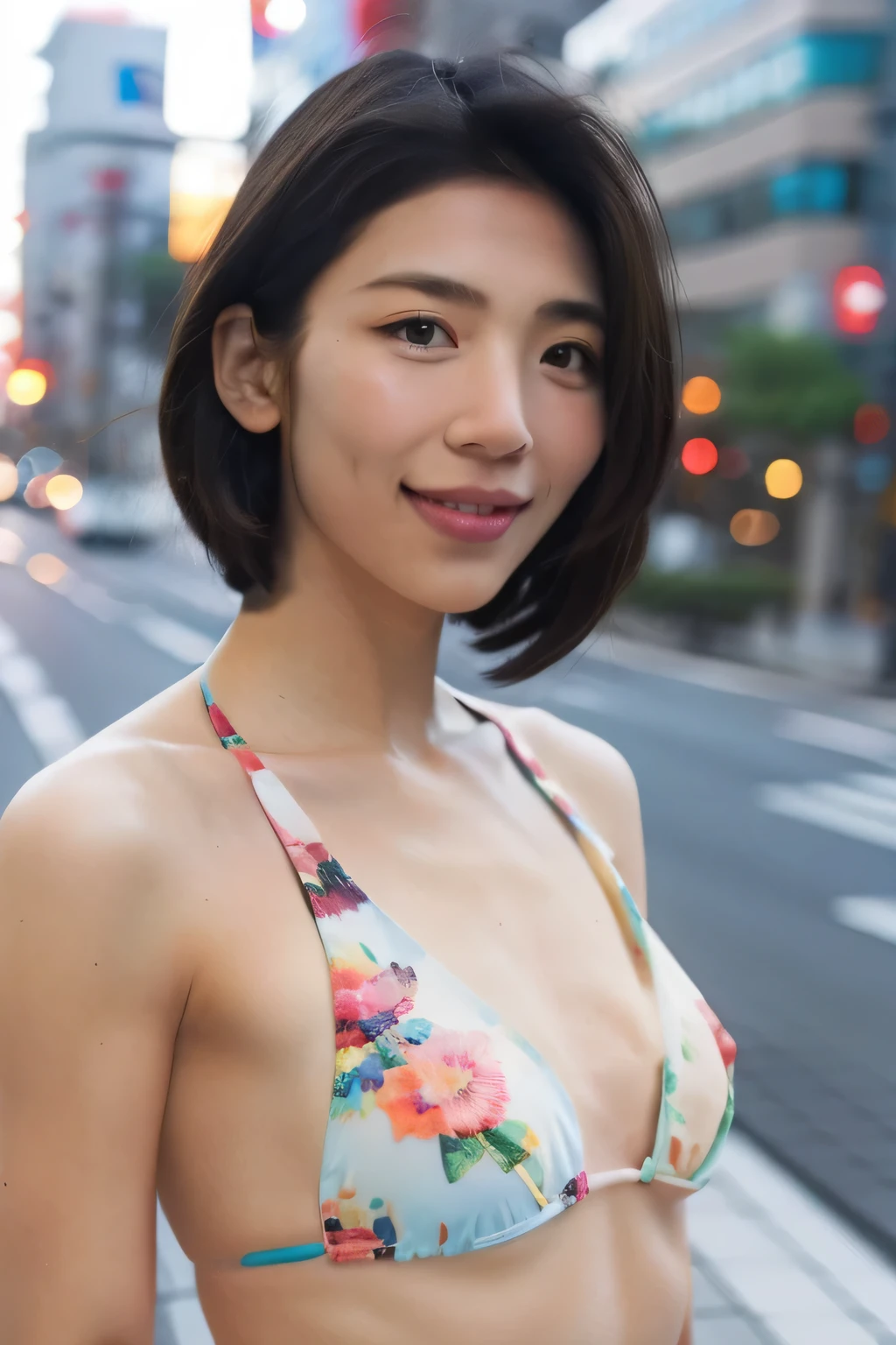 NSFW:1.3:((highest quality、8K resolution、master masterpiece、portrait:1.3)), Photoreal, 35mm film, mature woman:1.5,on the street during the day, wrinkles around the eyes,wrinkles around the mouth,short bob,((Fancy Micro Bikini:1.3)) , (outdoors_city street: 1.3), jumbled background,look at the audience,(Tokyo cityscape:1.3), whole body,smile