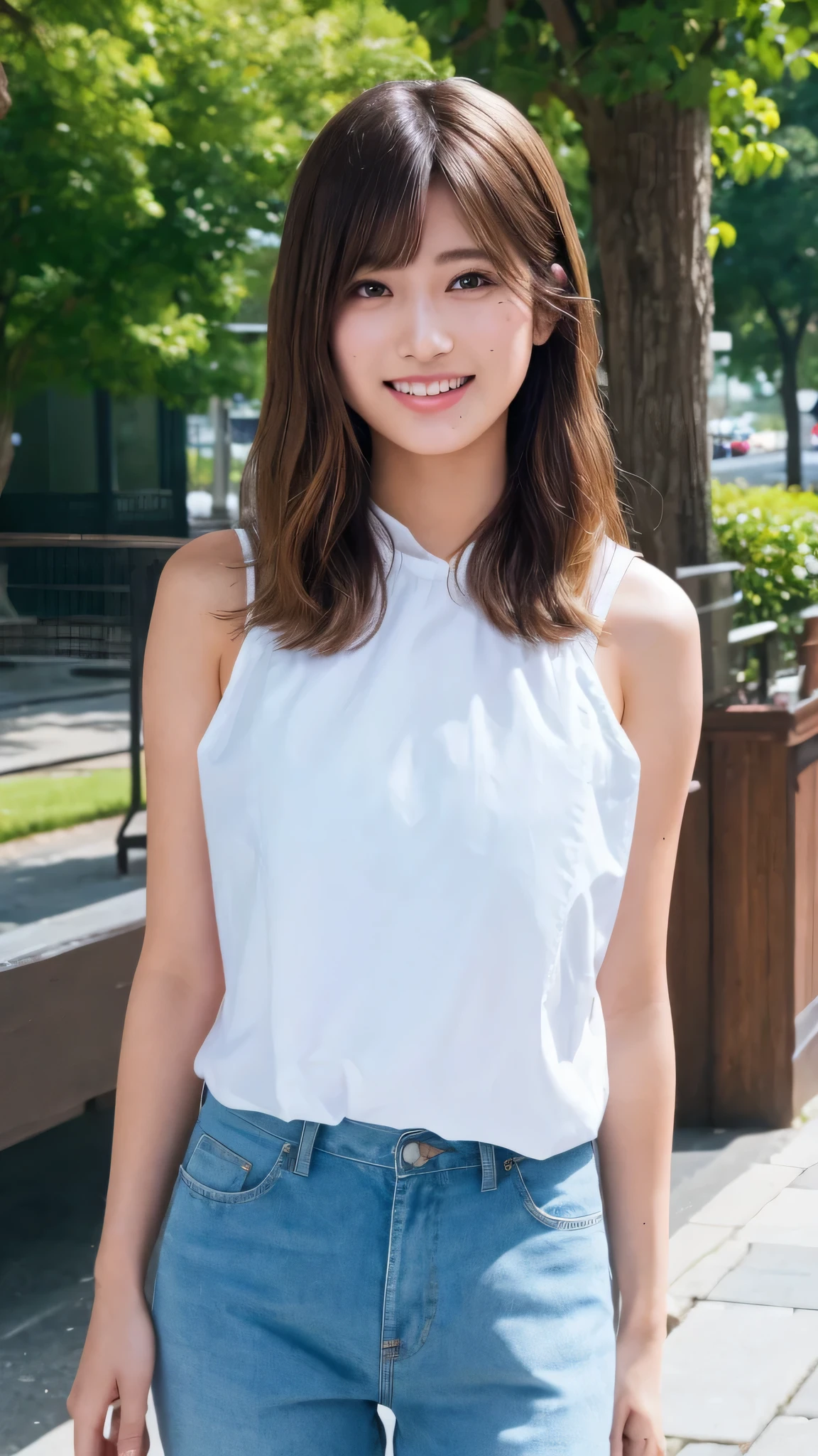RAW photo, best image quality, 8k, genuine, genuine, super fine, super fineビューティー, professional writing, facial writing, written boundary depth, single focus, whole body, 25 year old female, small head, beautiful eyes, genuineな顔, genuineな肌, narrow eyes, （Fashionable hair：1. 3), Beautiful woman, cute face, fashionable girl, camisole, Campaign Girl、walk in the park、smile、beautiful feet、thighs、long legs、shortcut、
