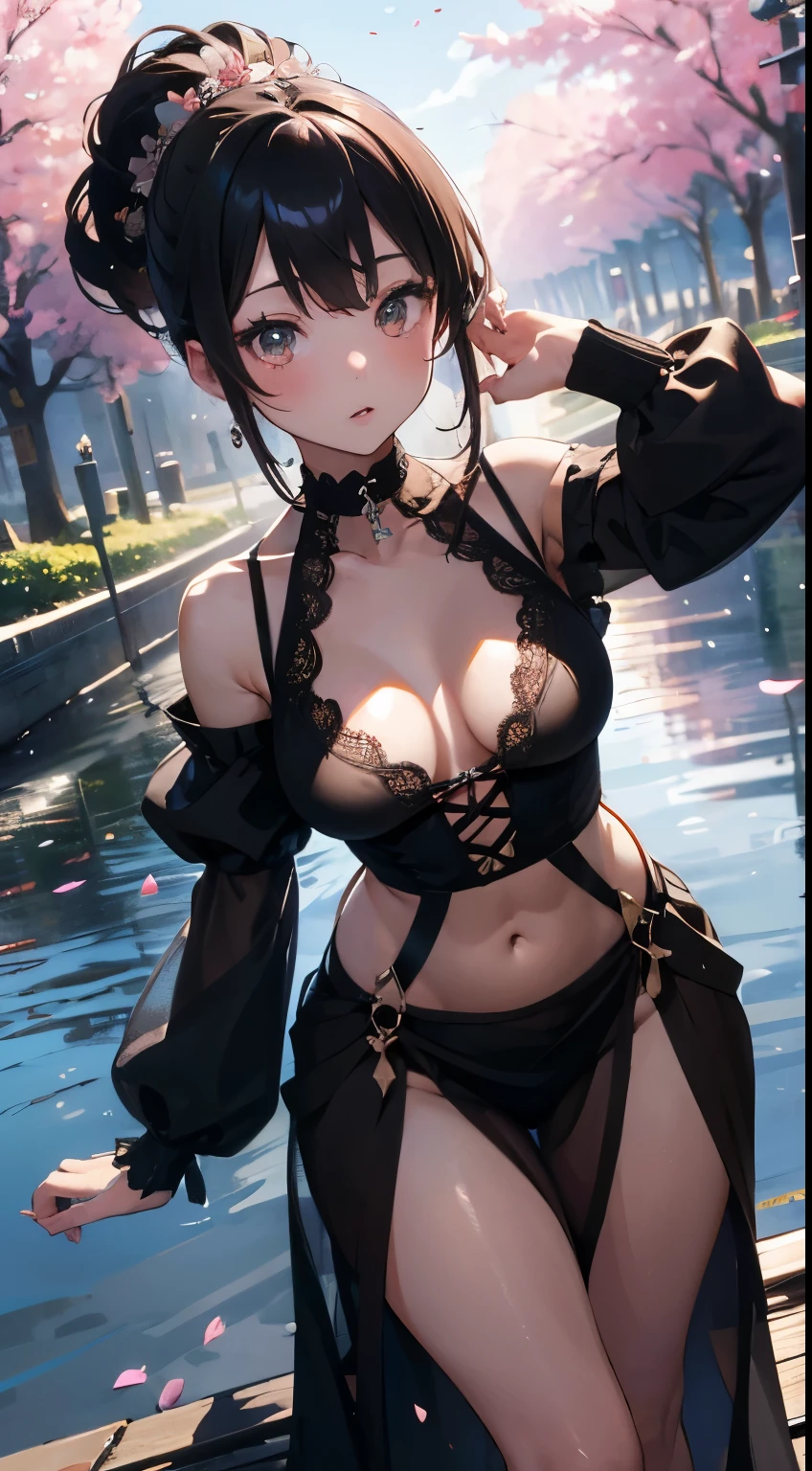 Loose clothing、cropped shoulders、Dark string dress、How to wear a black dress、Decorated with intricate patterns and bright colors、transparent materialakes skin shiny、The artwork depicts seductive female dresses wearing damp cloth and transparent skin, Floral and dreamy patterns,Traditional clear skin,Smooth as silky smooth。Her dress draped elegantly over her curvaceous figure、Emphasize her captivating silhouette。She is a gentle night of fireworks、Dynamic posing、sexyposture、Bask in soft moonlight。The scene is、With a touch of mystery and sexiness、It exudes an ethereal dreamy atmosphere。The image style is、It combines watercolor and digital illustration techniques.、Let you feel the exquisite beauty and charm。soft moonlight lighting、casting soft highlights and shadows on her charming features。Dynamic posing、Bold Pose、The hand is somewhere、ssee-through、show through、A sexy、Wet hair、Wet、(the cherry trees、Flower petals、SakuraNS、the cherry trees、Sakura Blizzard 1.5)、submerged、Transparent skin、Wet clothes、(Chest 1.2)、Navel Ejection、Swaying in the wind、Burgundy、pale red、(Laziness 1.5)、Lace color、lace choker、choker necklace、Lie on your back on the water、New lining、