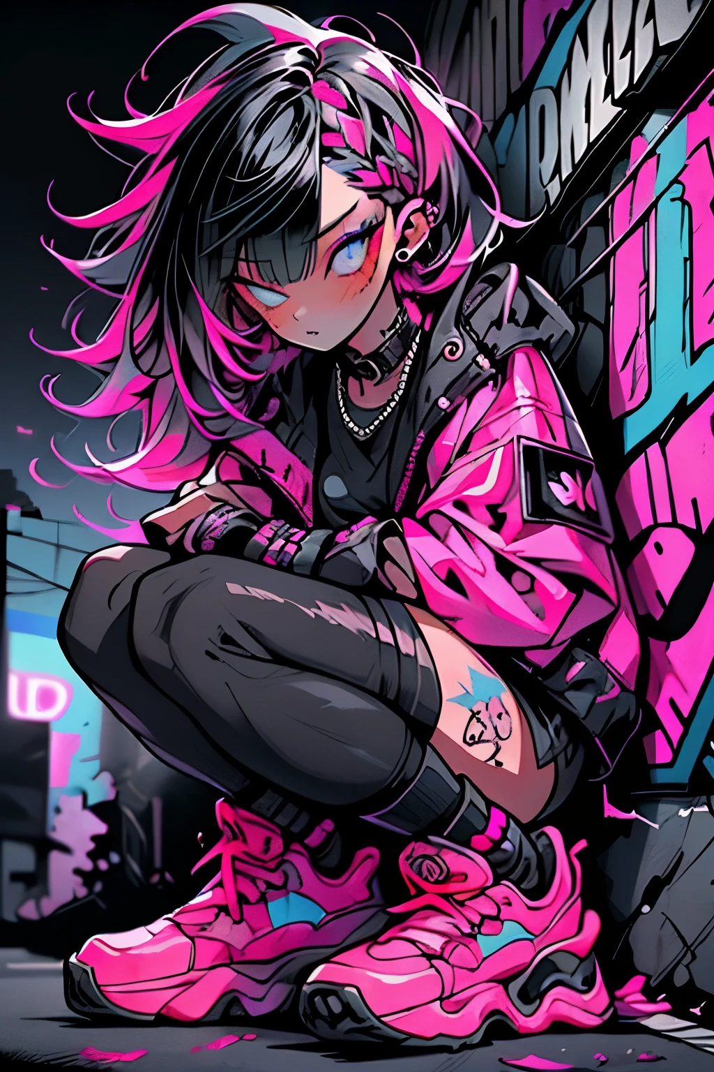 Step Piece, Best Quality, Best Illustration, Ultra-detailed,girl, pinkrose long hair, crazy baddie girl, Cool Black Open Short Jacket, neck tattoo, Messy Fade Cut Hair, Side braided hair,Crazy, standing with an eerie feeling, abandond street graffiti wall background,knee high socks, quirky sneakers, Eyeshadow on the eyes,unusual colored eyes, Eyes of fear, Vivid eyes, cool shot
