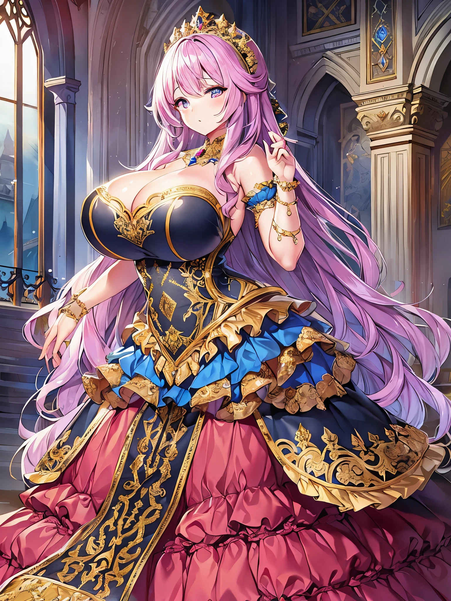 anime artstyle,Masterpiece,Best Quality,Super Detail,Very Delicate and Beautiful,Solo,((full body)),full body portrait,((1 bling-bling princess in a gorgeous embroidery rococo ballgown with jeweled)),(((very very gigantic tits,cleavage,curvy))),Skindentation,((Cathedral,church)),((crinoline,long train)),super detailed gorgeous ballgown with voluminous full length hoop skirt,gorgeous princess rococo ballgown with long train,((gorgeous princess rococo ballgown with beautiful embroidery and jeweled)),(detailed face and eyes),jewel-like eyes,((extremely voluminous straight Hair,Extremely Long Straight Hair)),extremely gorgeous hair ornament,((extremely gorgeous bling-bling big tiara)),bling-bling luxurious jewelry,Beautifully detailed lots of lace and ruffles,(Dynamic Angle),(((super detailed gorgeous princess rococo ballgown with voluminous full length hoop skirt))),full body