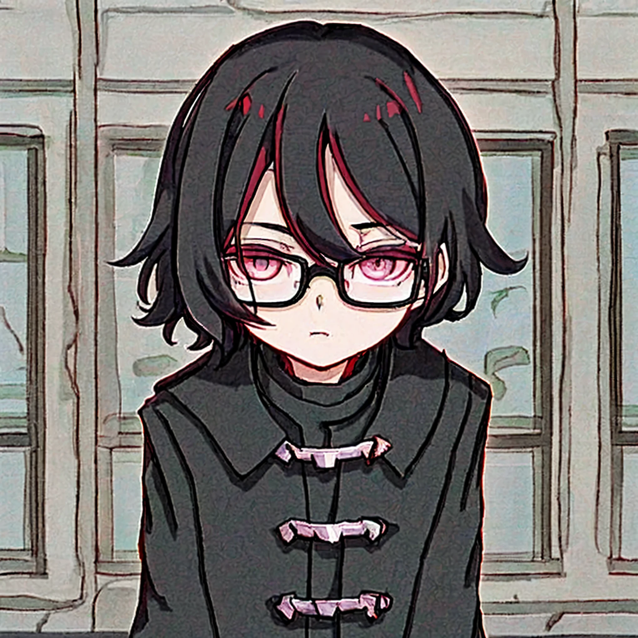 Male, Ash black hair, dark eyes, teen , Black Coat, Glasses, half body picture.