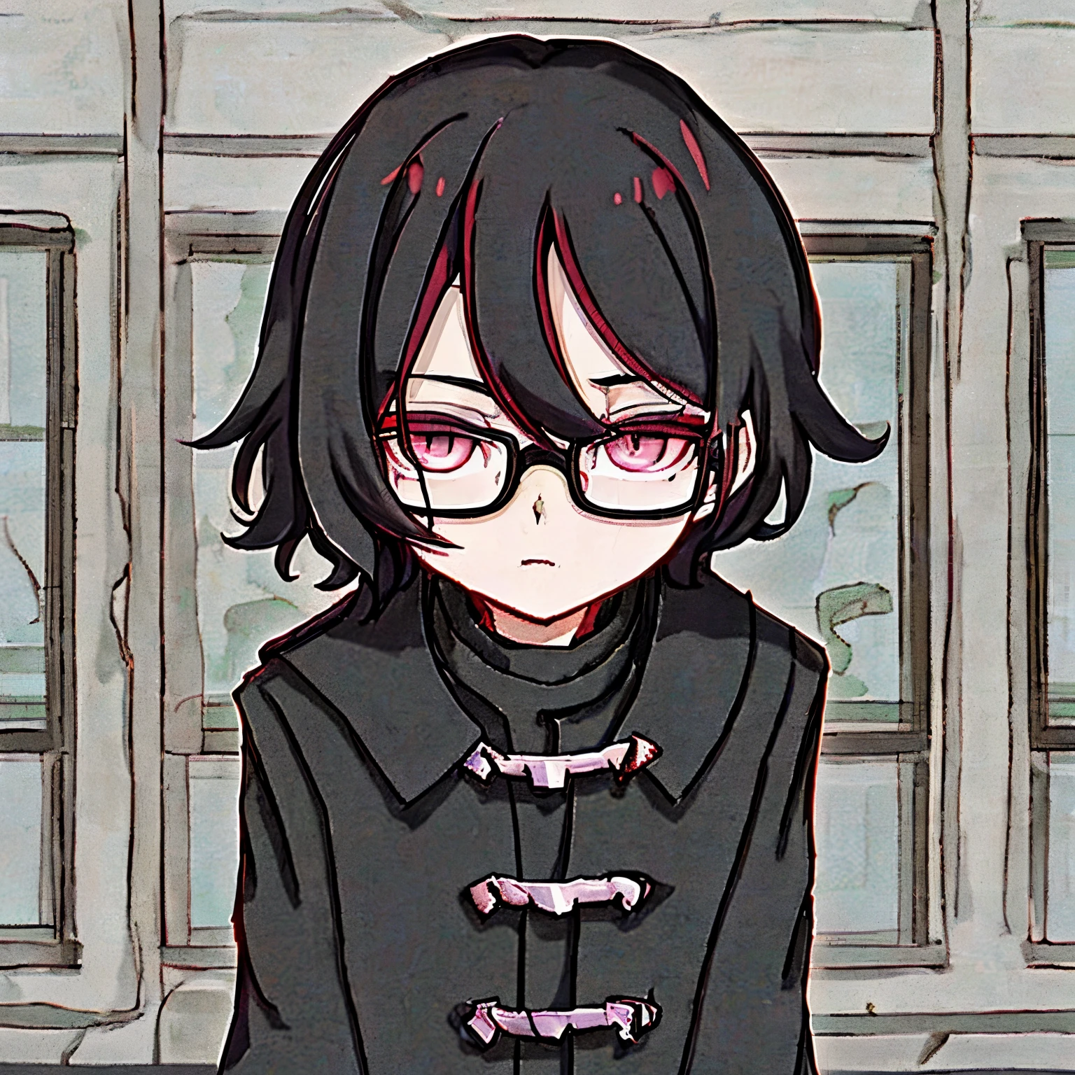 Male, Ash black hair, dark eyes, teen , Black Coat, Glasses, half body picture.