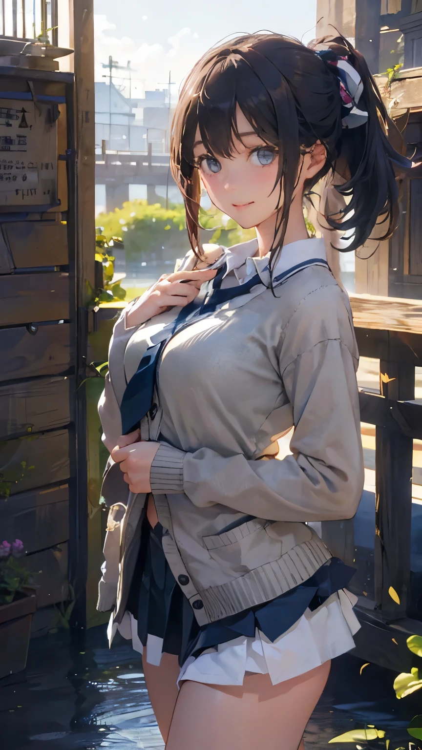 (masterpiece:1.2, top-quality), (realistic, photorealistic:1.4), beautiful illustration, (natural side lighting, movie lighting), 
looking at viewer, cowboy shot, front view:0.6, 1 girl, japanese, high school girl, perfect face, cute and symmetrical face, shiny skin, 
(long hair:1.4, high ponytail:1.7, light brown hair), hair between eye, emerald green eyes, long eye lasher, (large breasts:0.6, seductive thighs), 
beautiful hair, beautiful face, beautiful detailed eyes, beautiful clavicle, beautiful body, beautiful chest, beautiful thigh, beautiful legs, beautiful fingers, 
((long sleeve white collared shirts, navy pleated miniskirt, navy tie, light grey cardigan)), pink panties, 
(beautiful scenery), evening, riverside, walking, hands on chest, (lovely smile, upper eyes), 