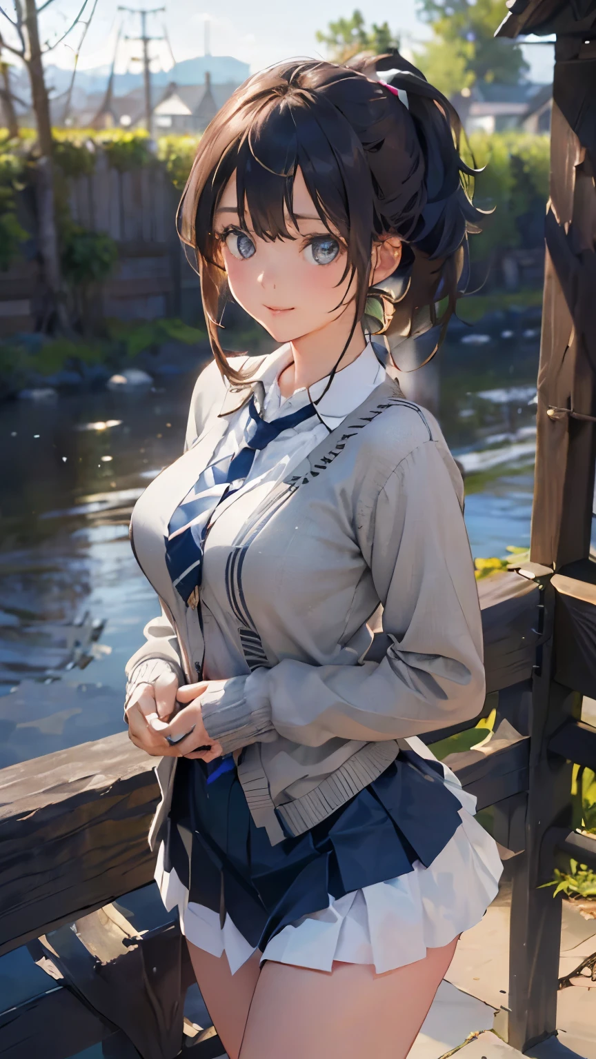 (masterpiece:1.2, top-quality), (realistic, photorealistic:1.4), beautiful illustration, (natural side lighting, movie lighting),
looking at viewer, cowboy shot, front view:0.6, 1 girl, japanese, high school girl, perfect face, cute and symmetrical face, shiny skin,
(long hair:1.4, high ponytail:1.7, light brown hair), hair between eye, emerald green eyes, long eye lasher, (large breasts:0.6, seductive thighs),
beautiful hair, beautiful face, beautiful detailed eyes, beautiful clavicle, beautiful body, beautiful chest, beautiful thigh, beautiful legs, beautiful fingers,
((long sleeve white collared shirts, navy pleated miniskirt, navy tie, light grey cardigan)), pink panties,
(beautiful scenery), evening, riverside, walking, hands on chest, (lovely smile, upper eyes),