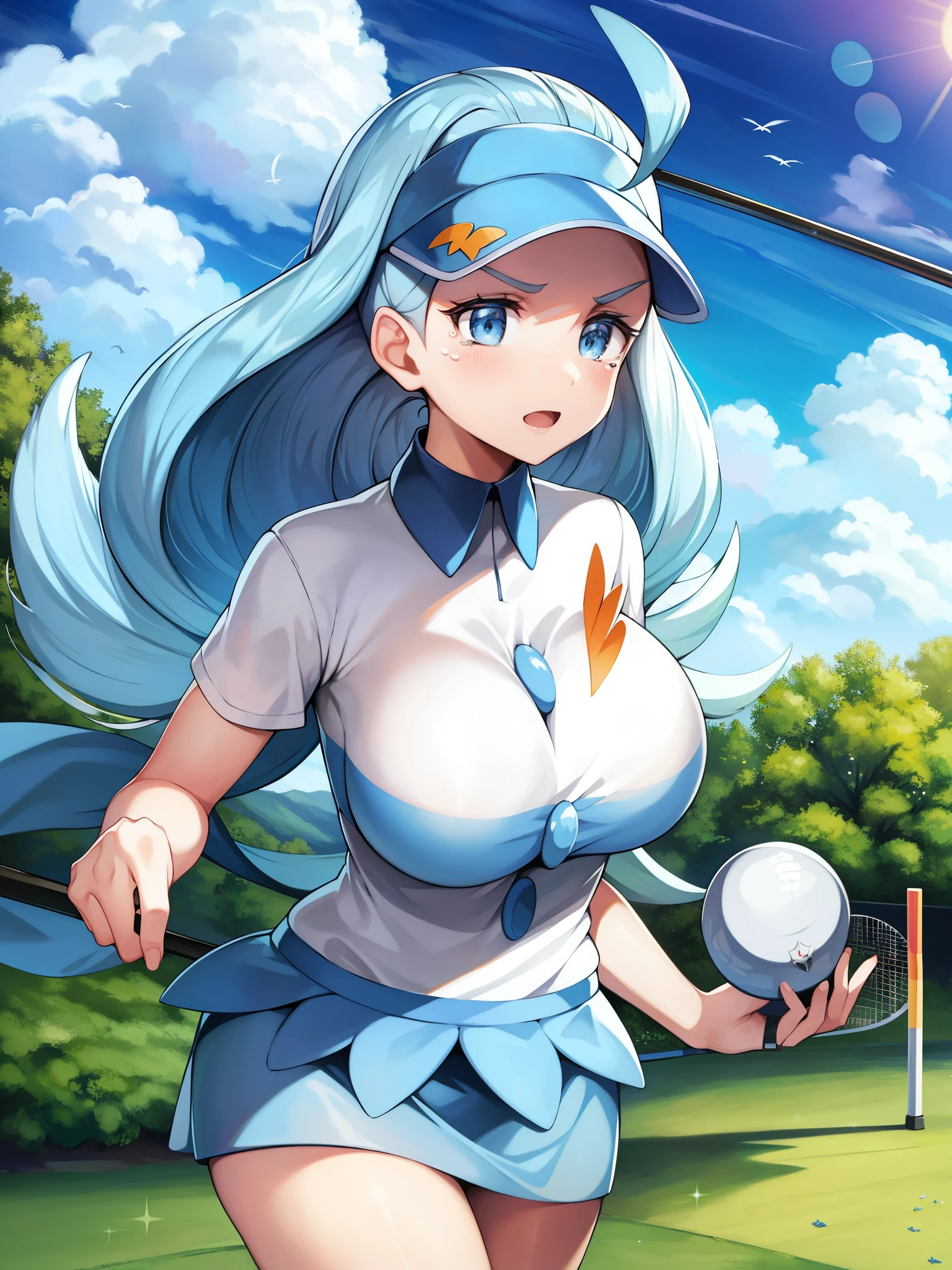 Pokémon、hotel owner、Golf Tournaments、golfer、Golf ball、Kahili、flying type trainer、big tits milf、big tits milf、big tits milf、Clothes: light blue golf wear。He always carries a golf club with a grip that has the same pattern as the beak of a dodekabashi.。Her hairstyle is long light blue hair with a large curve at the ends.。Hair on the right goes to the left、The hair on the left side is bouncing to the right side.、Looks like a feather from the front。Crying mask visor cap below left eye、collared shirt、agile、A pole made of bird feathers symbolizing the royalty of the Hawaiian period.、No sleeve、skirt、Tennis Court