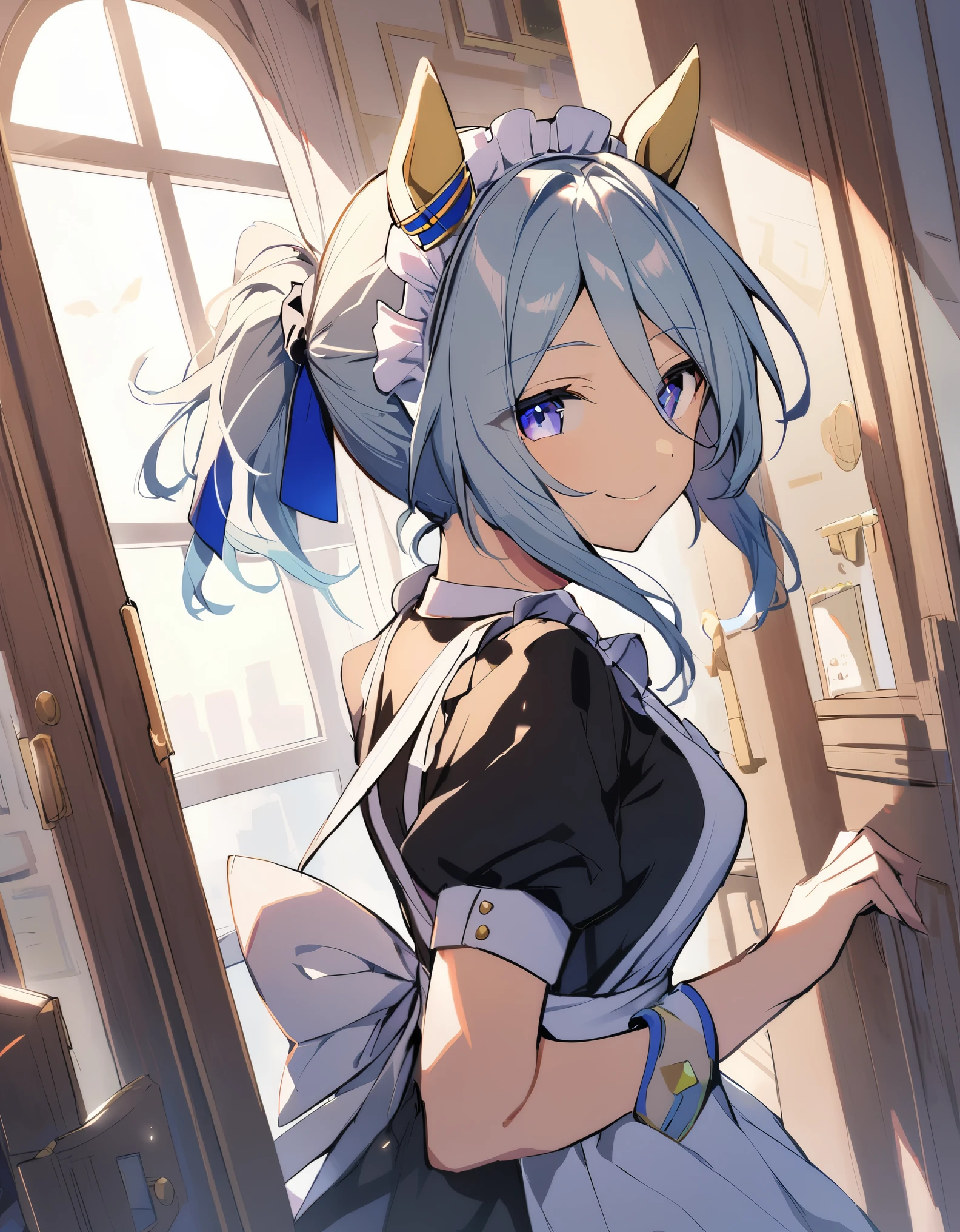 1girl, k.s.miracle (umamusume), solo, cinematic angle, looking back, looking at viewer, maid, main apron, maid headdress, tareme, smile, closed mouse, masterpiece