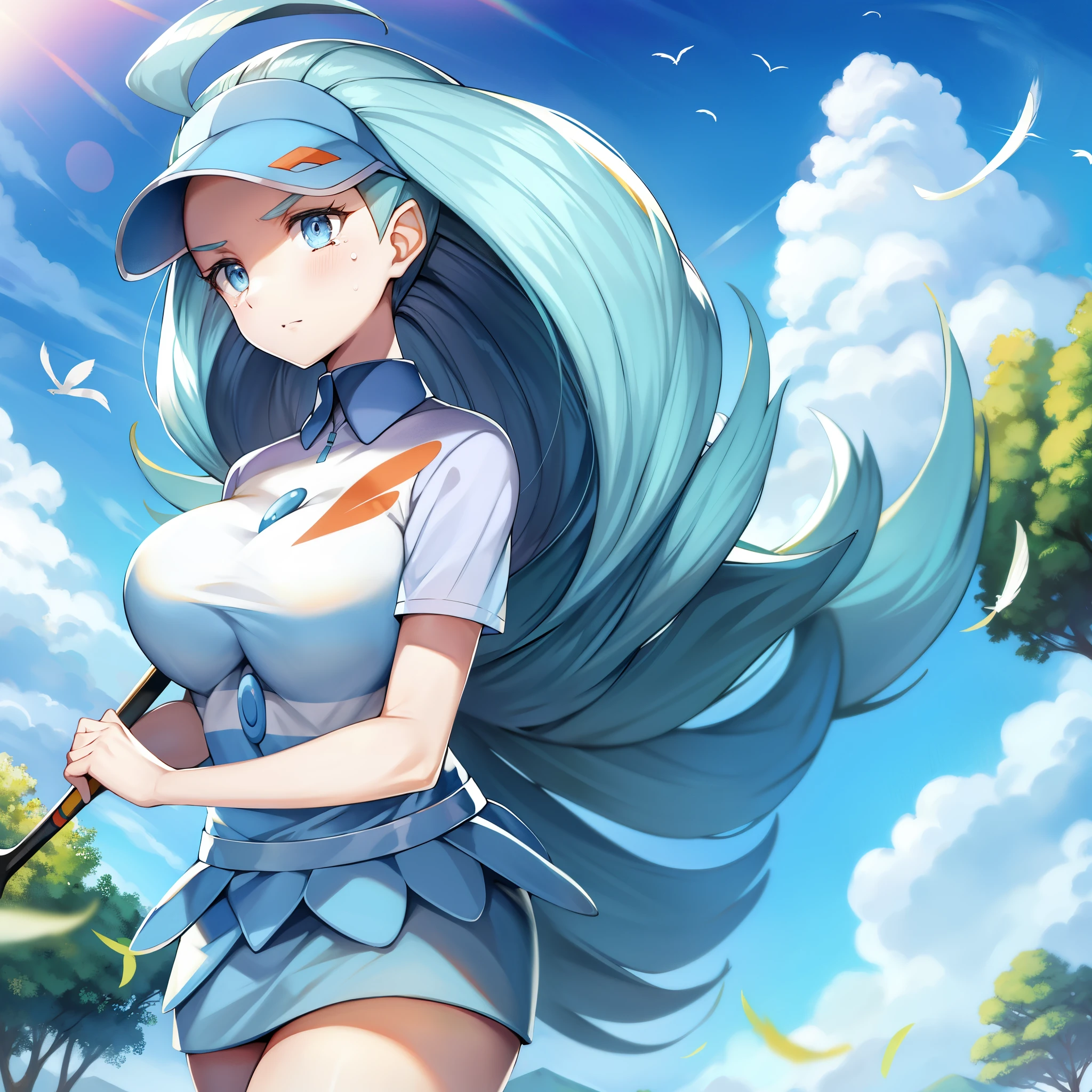 Pokémon、hotel owner、Golf Tournaments、golfer、Golf ball、Kahili、flying type trainer、big tits milf、big tits milf、big tits milf、Clothes: light blue golf wear。He always carries a golf club with a grip that has the same pattern as the beak of a dodekabashi.。Her hairstyle is long light blue hair with a large curve at the ends.。Hair on the right goes to the left、The hair on the left side is bouncing to the right side.、Looks like a feather from the front。Crying mask visor cap below left eye、collared shirt、agile、A pole made of bird feathers symbolizing the royalty of the Hawaiian period.、No sleeve、skirt、Tennis Court