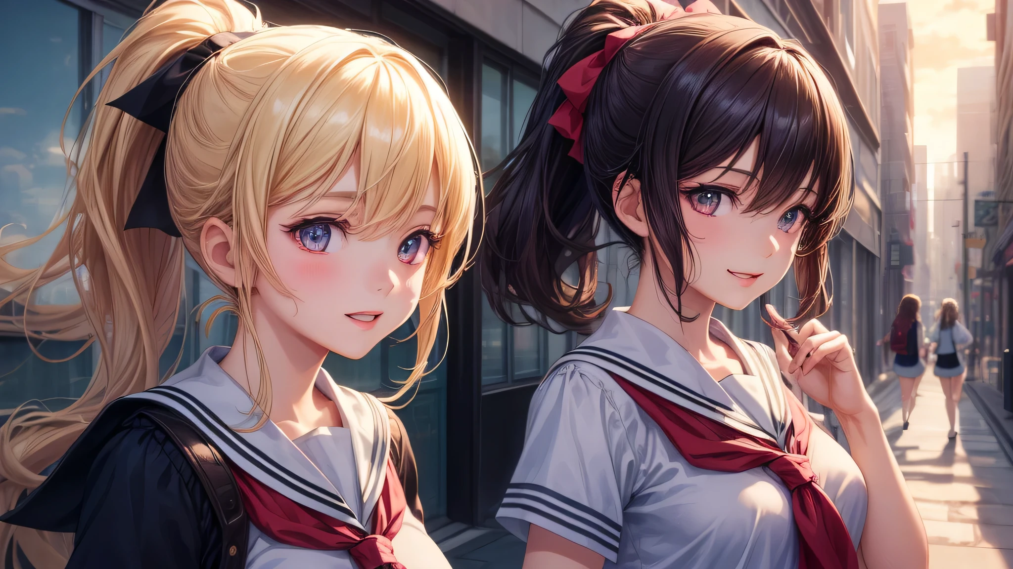 (2 girls:1.2), cute face, shining smile, (ponytail:1.2), (school uniform, mini skirt:1.2), (highest quality: 1.4), (Super detailed), (highest quality:1.4), (super detailed), (anime illustration), very high resolution, (Upper body), close up face, city, road, building