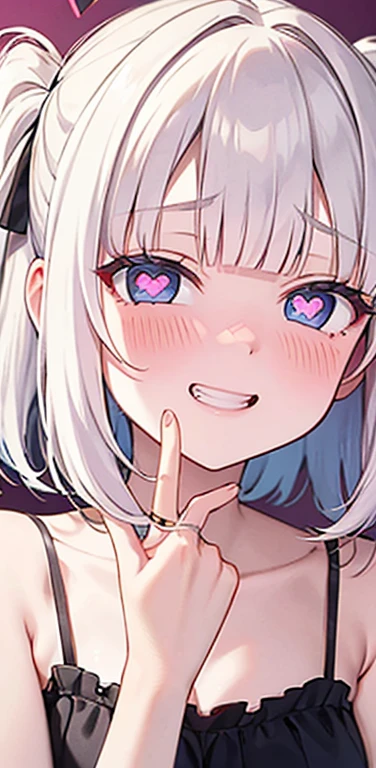 (8K、highest quality、masterpiece:1.2)、Super detailed、super resolution、Realistic、(1girl)  、(white hair)、(blunt bangs:1.5),RED eyes、(face focus,upper body),(glowing eyes:1.4),(sundress:1.3)、(grin:1.3),open mouth、cute face,blush、small breasts,hair ribbon,(simple background),(full-face blush
heart-shaped pupils:1.5)
