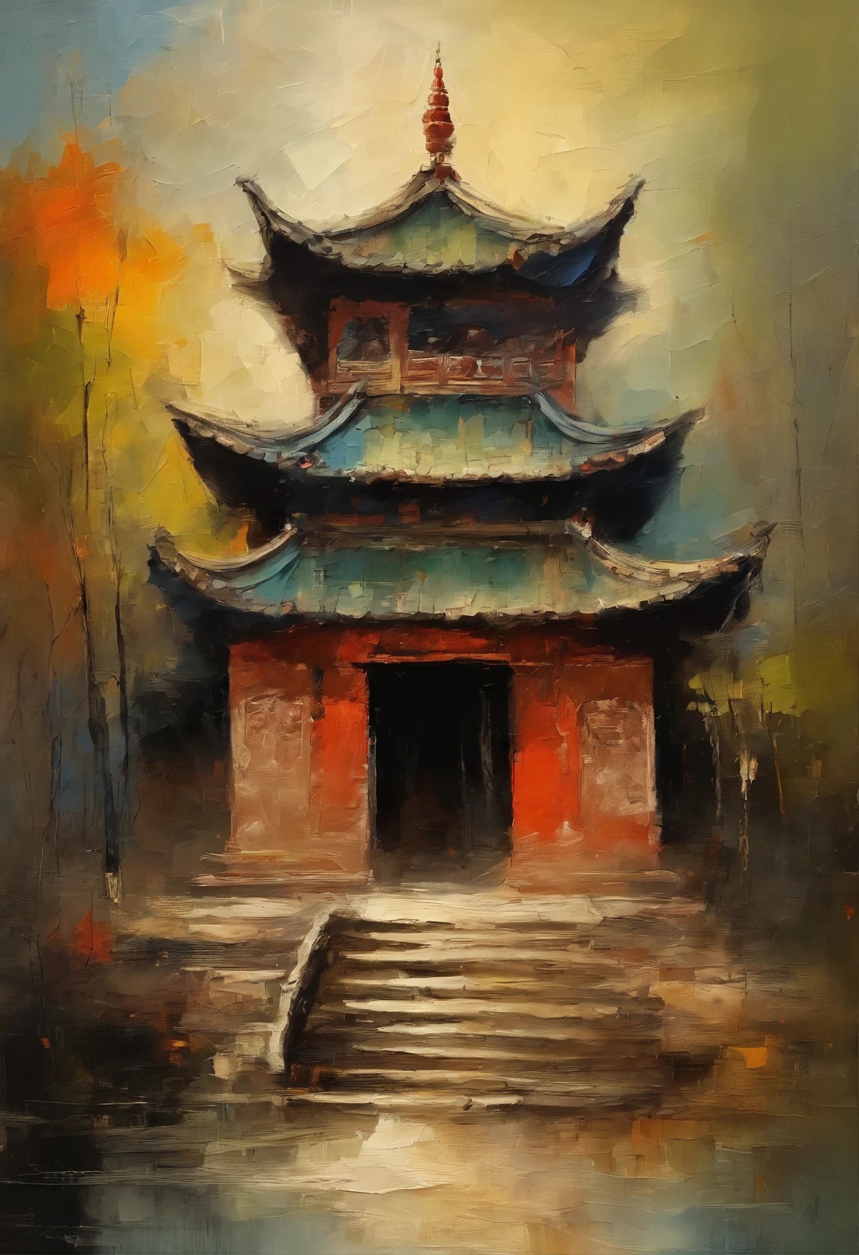 oil brush painting of a Chinese temple of talisman, Front view, Vintage Oil Painting, Brush strokes visible, Cracks, worn out visible, Colours are vintage and Cinematic. A beautiful chinese architecture, Symmetrical, Color paste strokes visible painterly brushstrokes