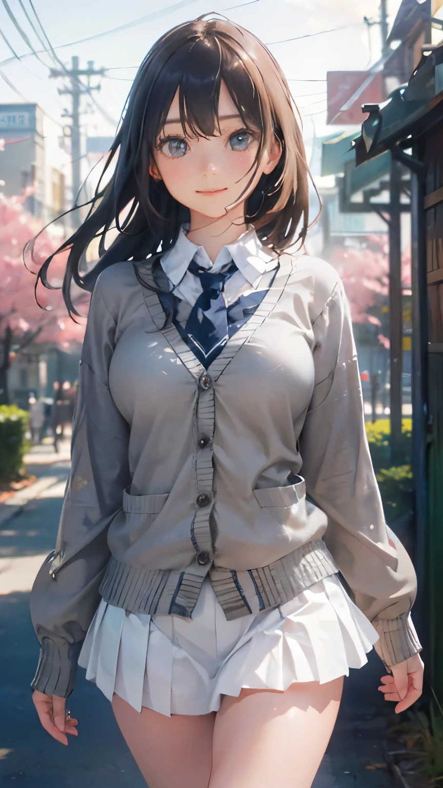 (masterpiece:1.2, top-quality), (realistic, photorealistic:1.4), beautiful illustration, (natural side lighting, movie lighting), 
looking at viewer, cowboy shot, front view:0.6, 1 girl, japanese, high school girl, perfect face, cute and symmetrical face, shiny skin, 
(long hair:1.4, high ponytail:1.7, light brown hair), hair between eye, emerald green eyes, long eye lasher, (large breasts:0.9, thick thighs), 
beautiful hair, beautiful face, beautiful detailed eyes, beautiful clavicle, beautiful body, beautiful chest, beautiful thigh, beautiful legs, beautiful fingers, 
((long sleeve white collared shirts, navy pleated miniskirt, navy tie, light grey cardigan)), pink panties, 
(beautiful scenery), evening, riverside, walking, hands on chest, (lovely smile, upper eyes), 