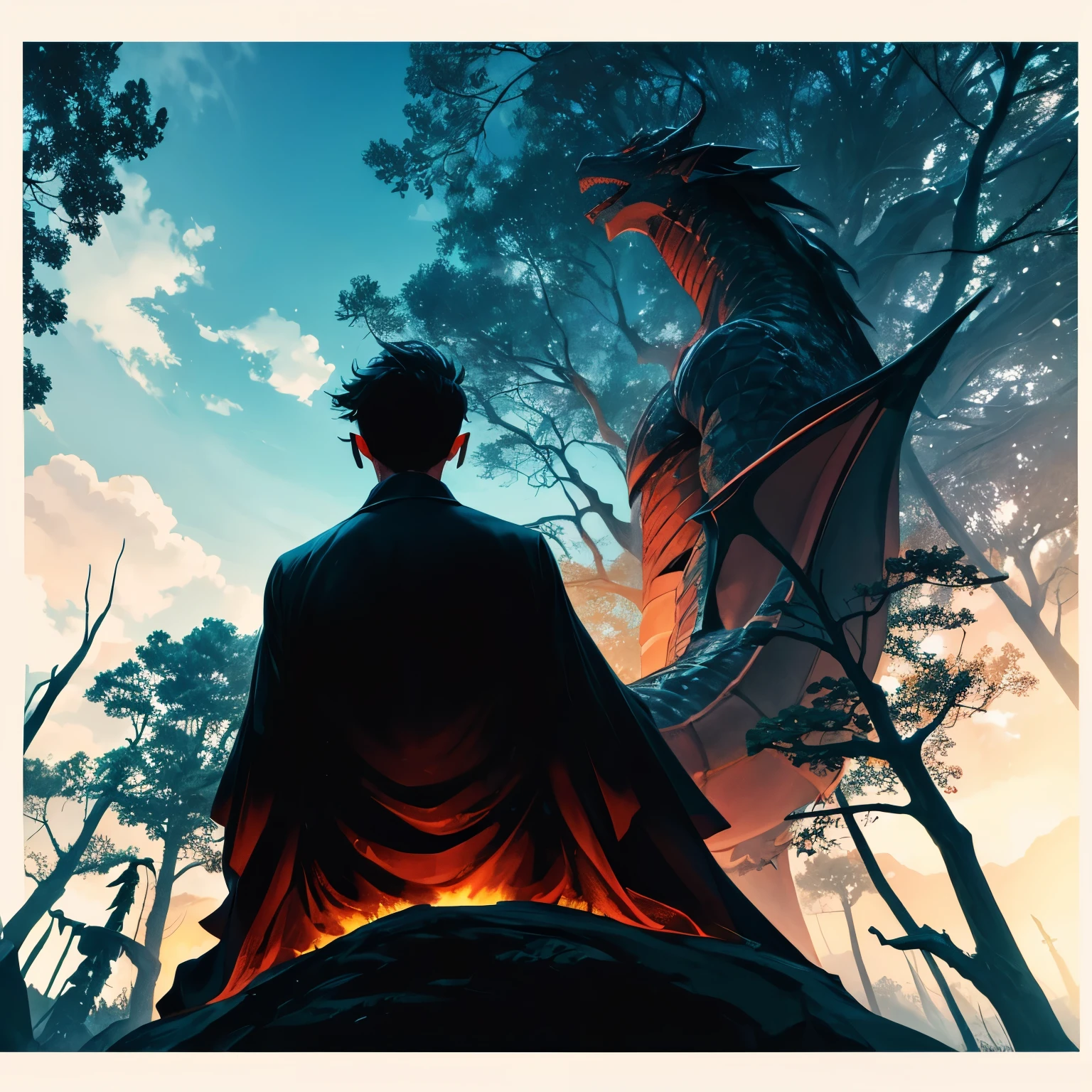 A silhouette of the back of a dragon man looking up at the sky between morning and night from within the forest.