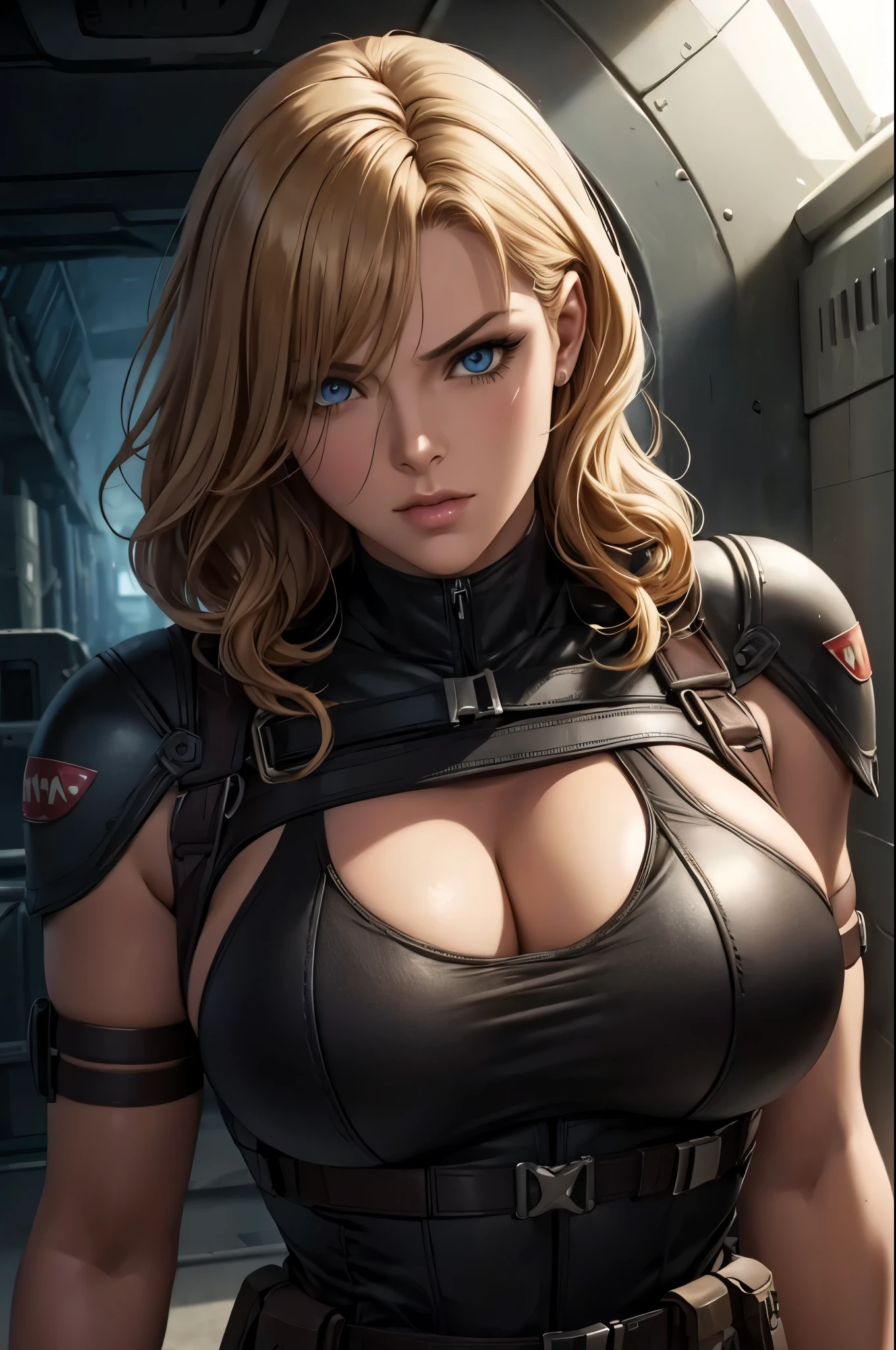 super fine illustration, ultra high resolution, masterpiece, highest quality, perfect dark skin, perfect lighting, detailed lighting, dramatic shadow, ray tracing, 1 beautiful white milf, looking at the viewer, small breasts,  exposed cleavage, beautiful detailed hazel eyes, sharp face, clear eyes, long bang, ((medium curly blond hair:1.2)), ((post-apocalyptic fiction)), ((desert:1.2)), ((Upper body:1.2)), battle suit, military harness, Alice Abernathy - Resident Evil Series, Milla Jovovich,