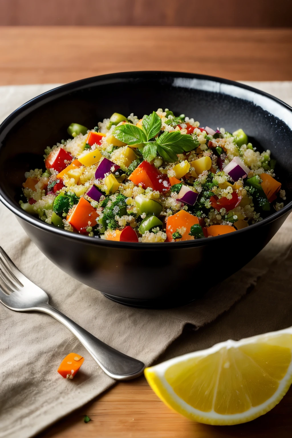 (masterpiece, photorealistic, ultra-detailed), An enticing image of a quinoa salad, meticulously composed on a plate with an array of colorful roasted vegetables, artfully garnished with vibrant fresh herbs, and graced with a tantalizing splash of lemon juice. The image is captured in high resolution with RAW format, showcasing rich textures, intricate details, and cinematic lighting that enhances the natural beauty of the dish. The side lighting brings out the depth and complexity of the colors and shapes, while the subtle cast of shadows adds to the intrigue and allure. The overall effect is an irresistible visual feast that tant