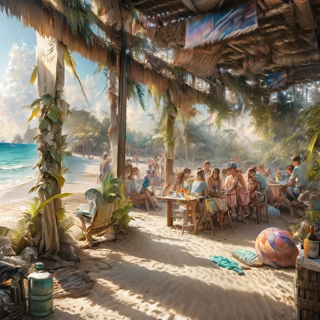 beach parties, aesthetic, extremely detailed, "The Hulk" smiling, in parties mode at a beach barbecue. In swim trunks, with a drink. Adoring -goers around. All laughing Warmth and love. Digital watercolor illustration, beautiful colourful and realistic, fantasyscape, by Waterhouse, Carne Griffiths, Minjae Lee, Ana Paula Hoppe, Stylized watercolor art, Intricate, Complex contrast, HDR, Sharp, soft Cinematic Volumetric lighting, deep vibrant lush luminous colours, wide long shot, perfect, (best quality, 4k, 8k, highres, masterpiece:1.2), ultra-detailed, (realistic, photorealistic, photo-realistic:1.37), HDR, UHD, studio lighting, extreme detail description, professional, vivid colors, bokeh, beach, portraits, landscape